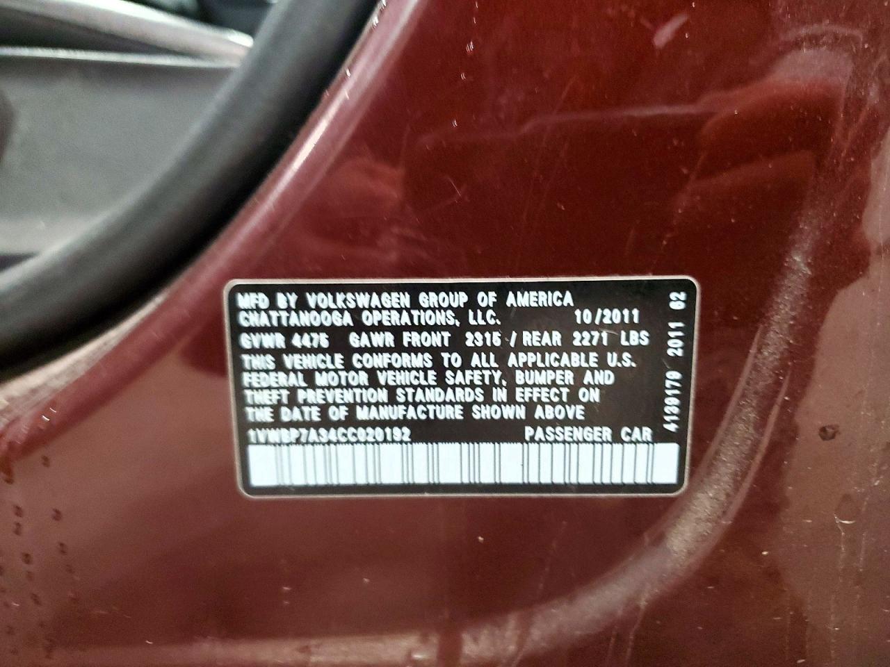 2012 Volkswagen Passat Maroon vin: 1VWBP7A34CC020192