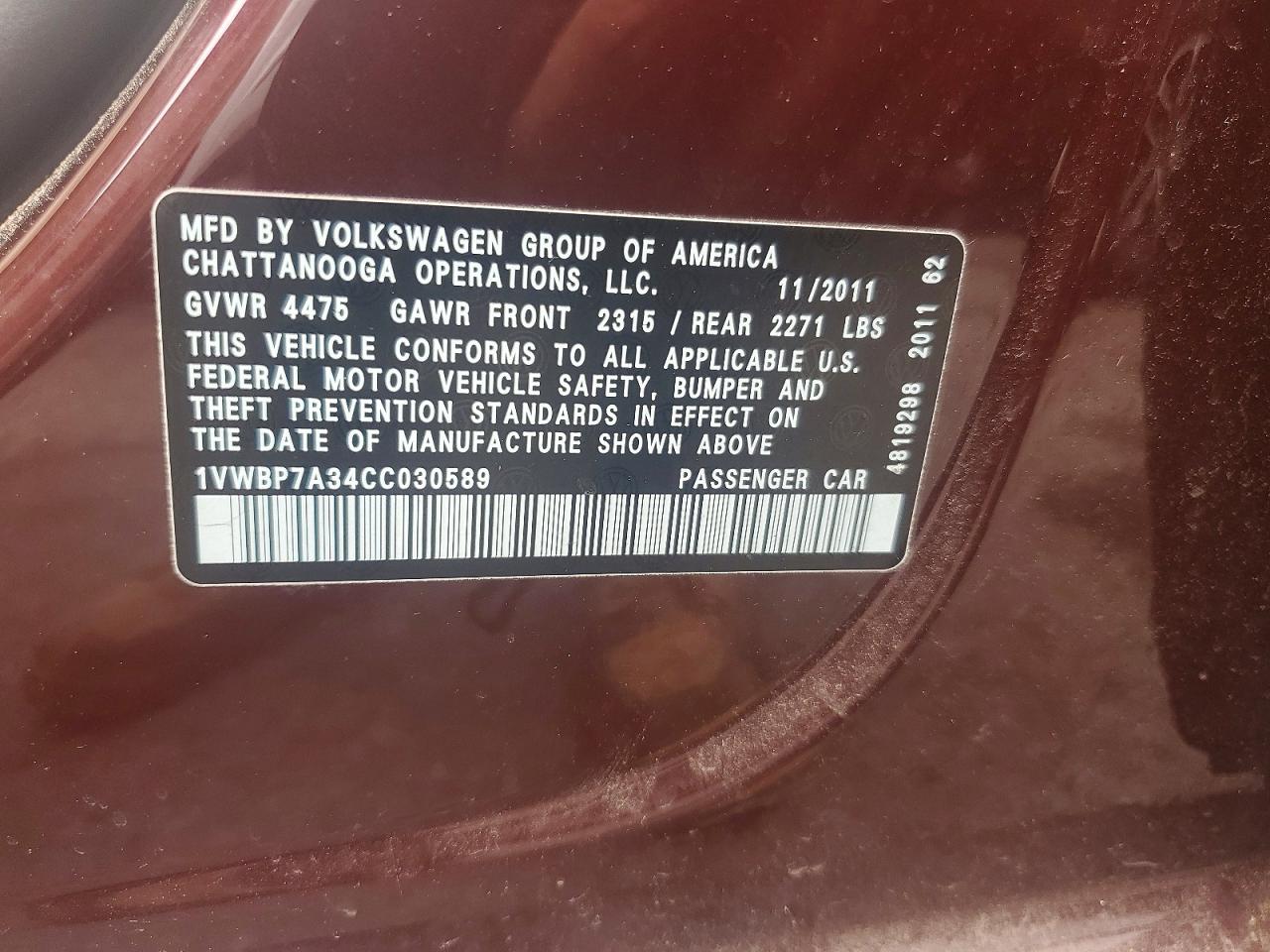 2012 Volkswagen Passat Se Red vin: 1VWBP7A34CC030589