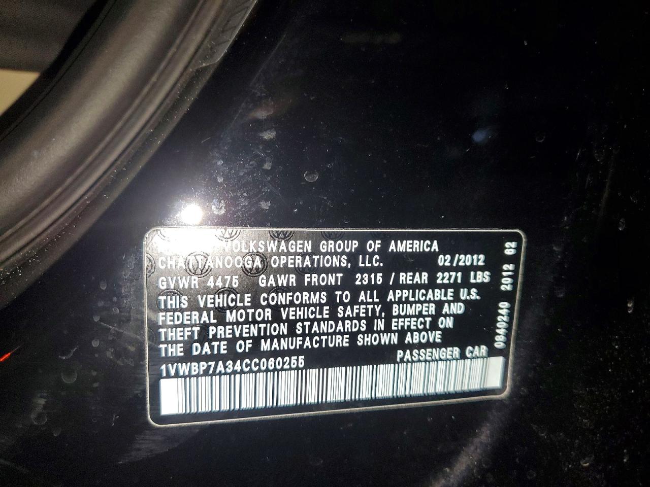 2012 Volkswagen Passat Se Black vin: 1VWBP7A34CC060255