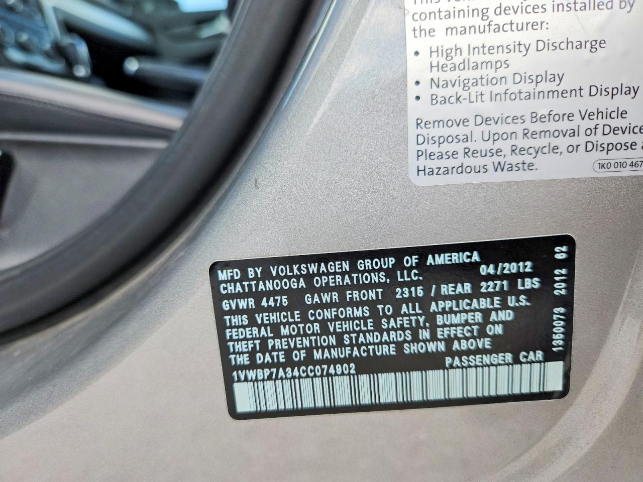 2012 Volkswagen Passat Se Silver vin: 1VWBP7A34CC074902