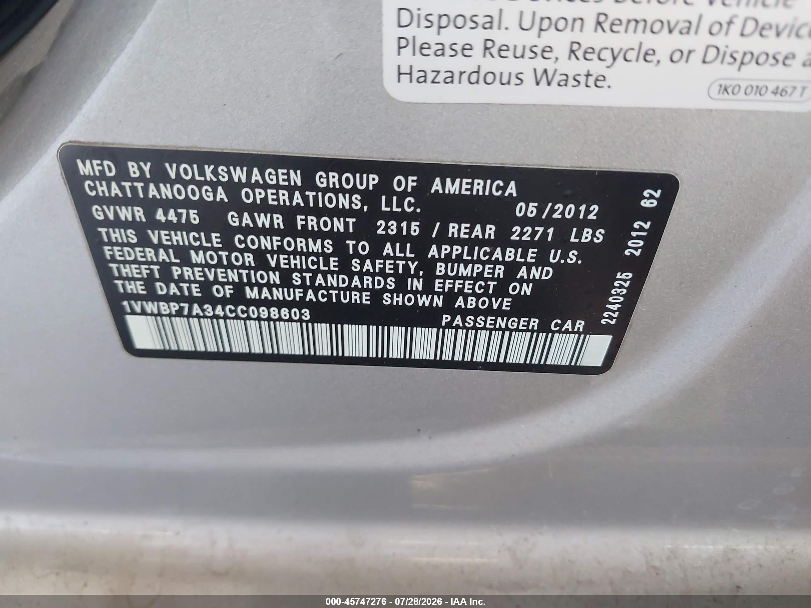 2012 Volkswagen Passat 2.5l Se Silver vin: 1VWBP7A34CC098603