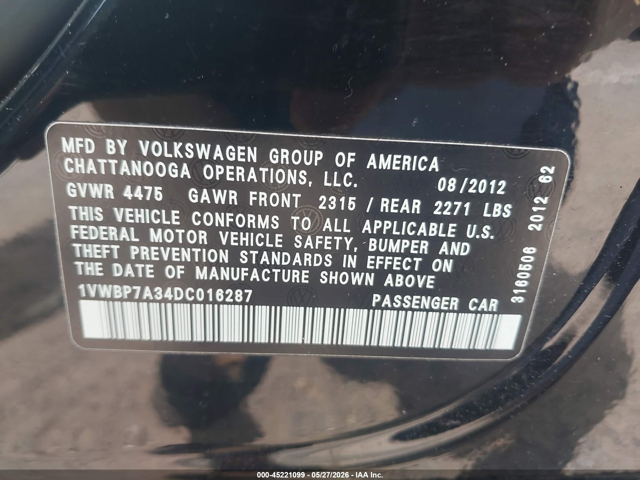 2013 Volkswagen Passat 2.5l Se Black vin: 1VWBP7A34DC016287