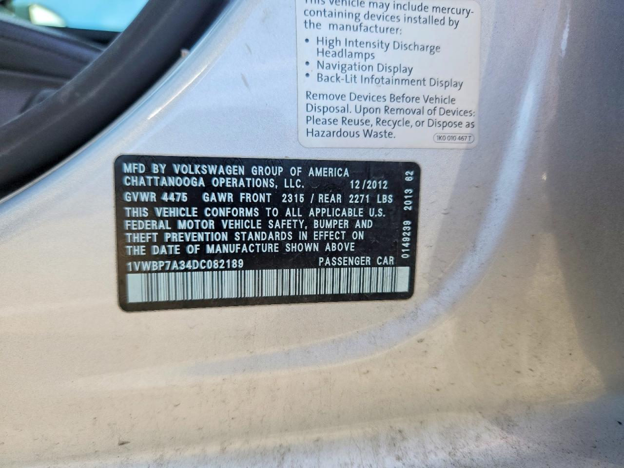 2013 Volkswagen Passat Se Silver vin: 1VWBP7A34DC082189