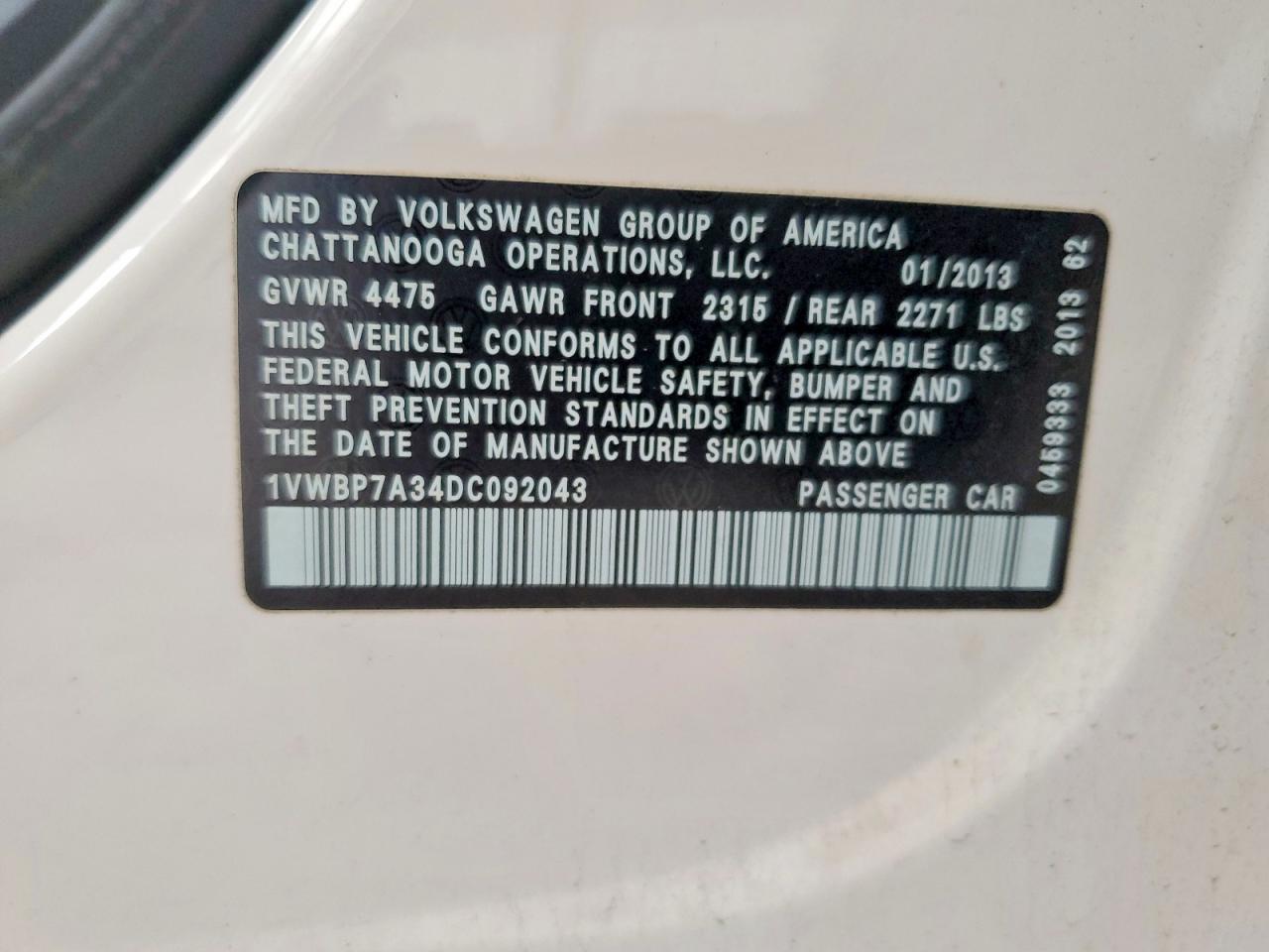 2013 Volkswagen Passat Se White vin: 1VWBP7A34DC092043