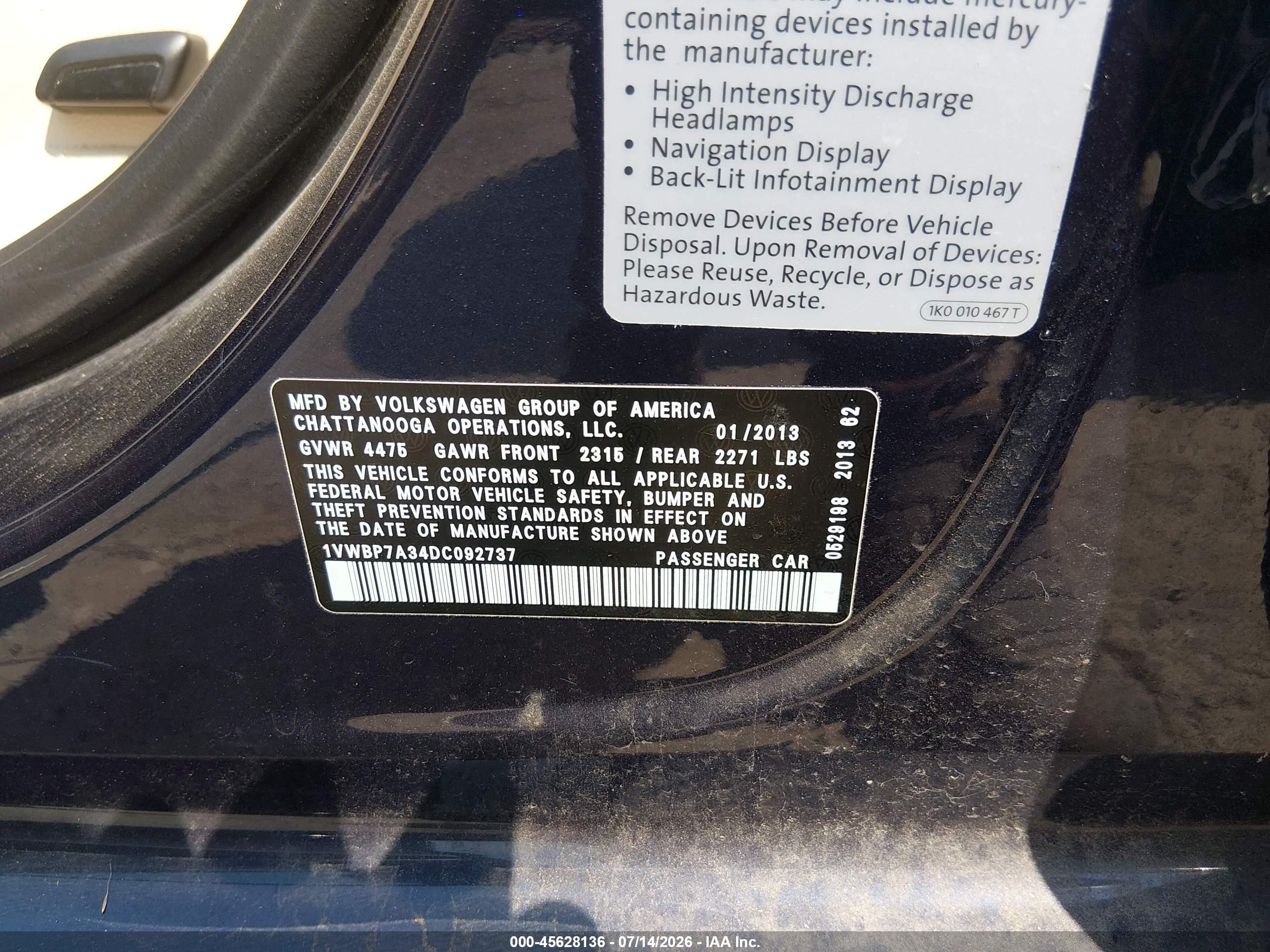 2013 Volkswagen Passat 2.5l Se Dark Blue vin: 1VWBP7A34DC092737