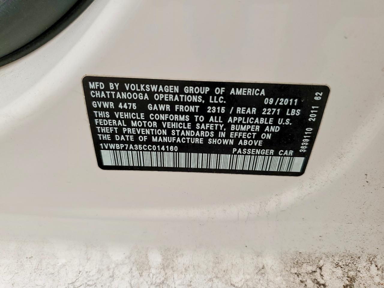 2012 Volkswagen Passat Se White vin: 1VWBP7A35CC014160