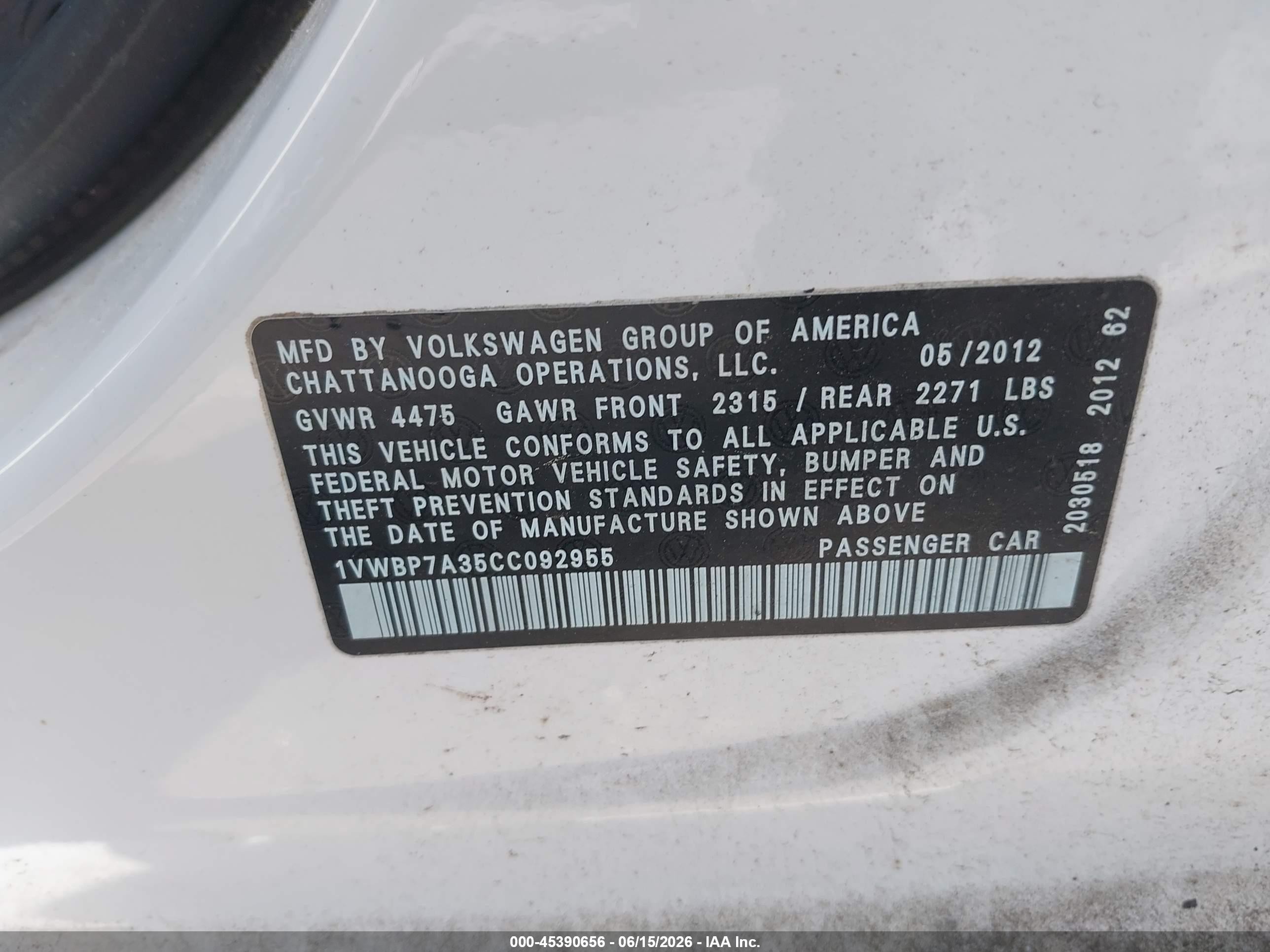 2012 Volkswagen Passat 2.5l Se White vin: 1VWBP7A35CC092955