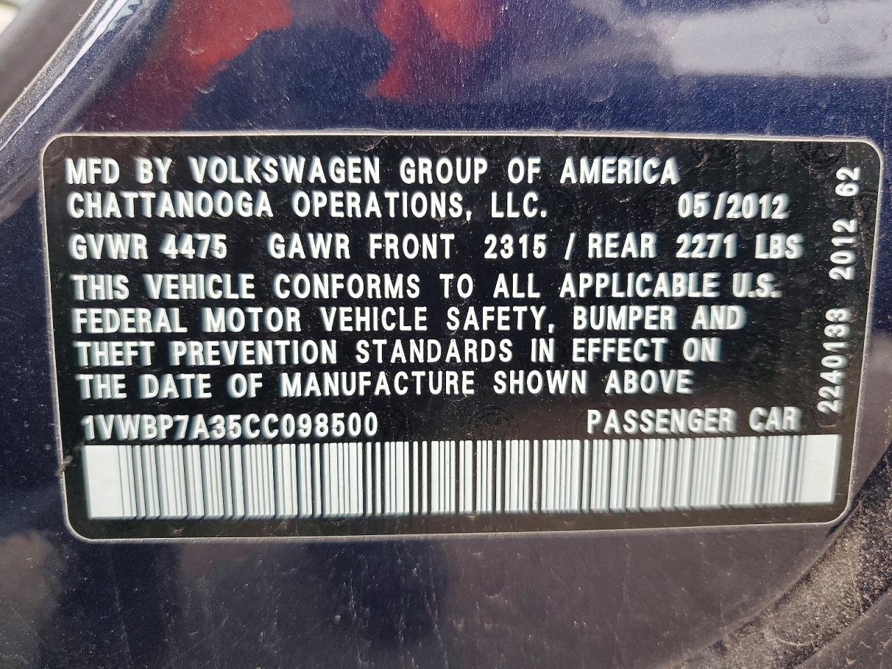 2012 Volkswagen Passat Se Blue vin: 1VWBP7A35CC098500