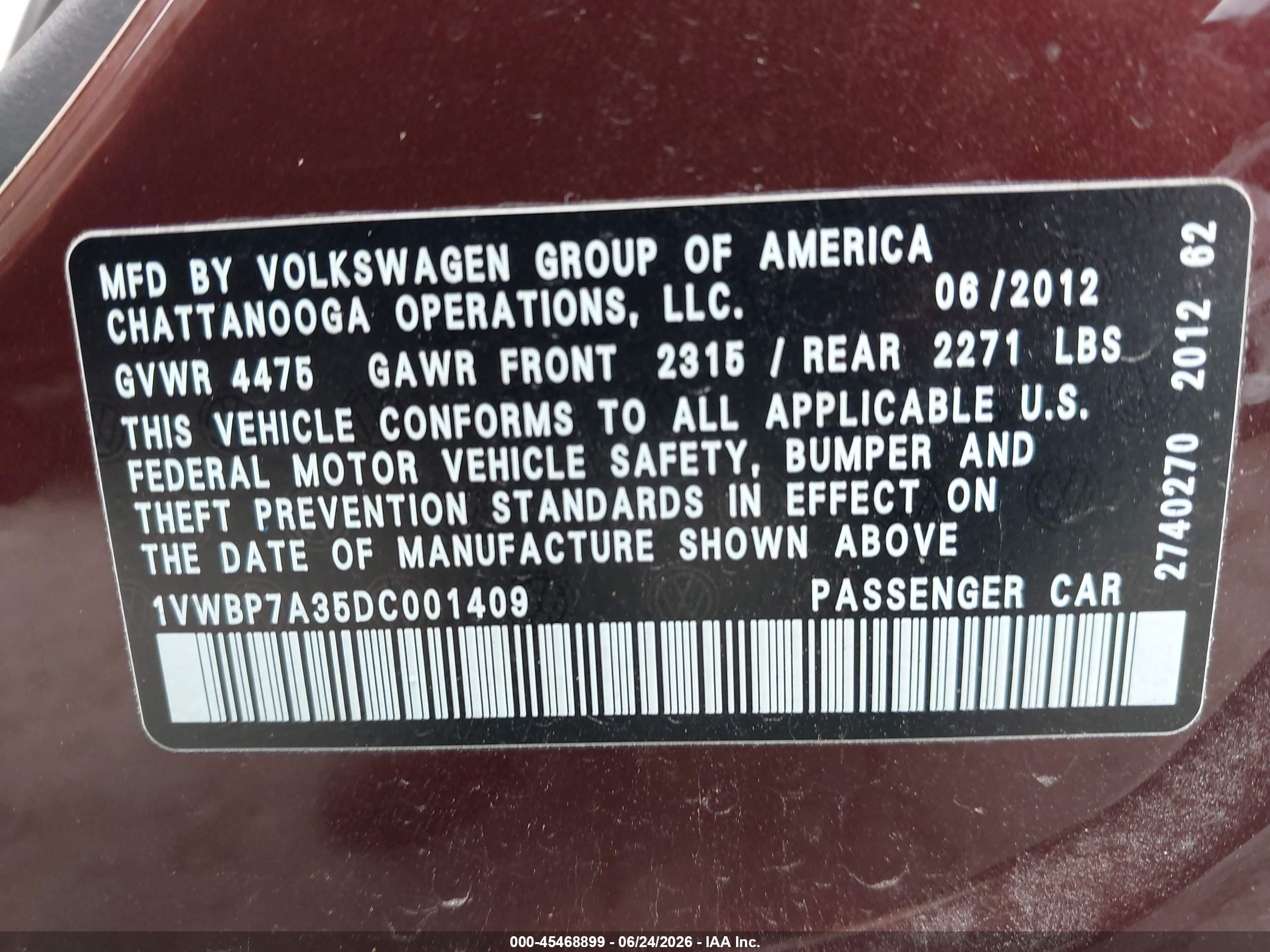 2013 Volkswagen Passat 2.5l Se Burgundy vin: 1VWBP7A35DC001409