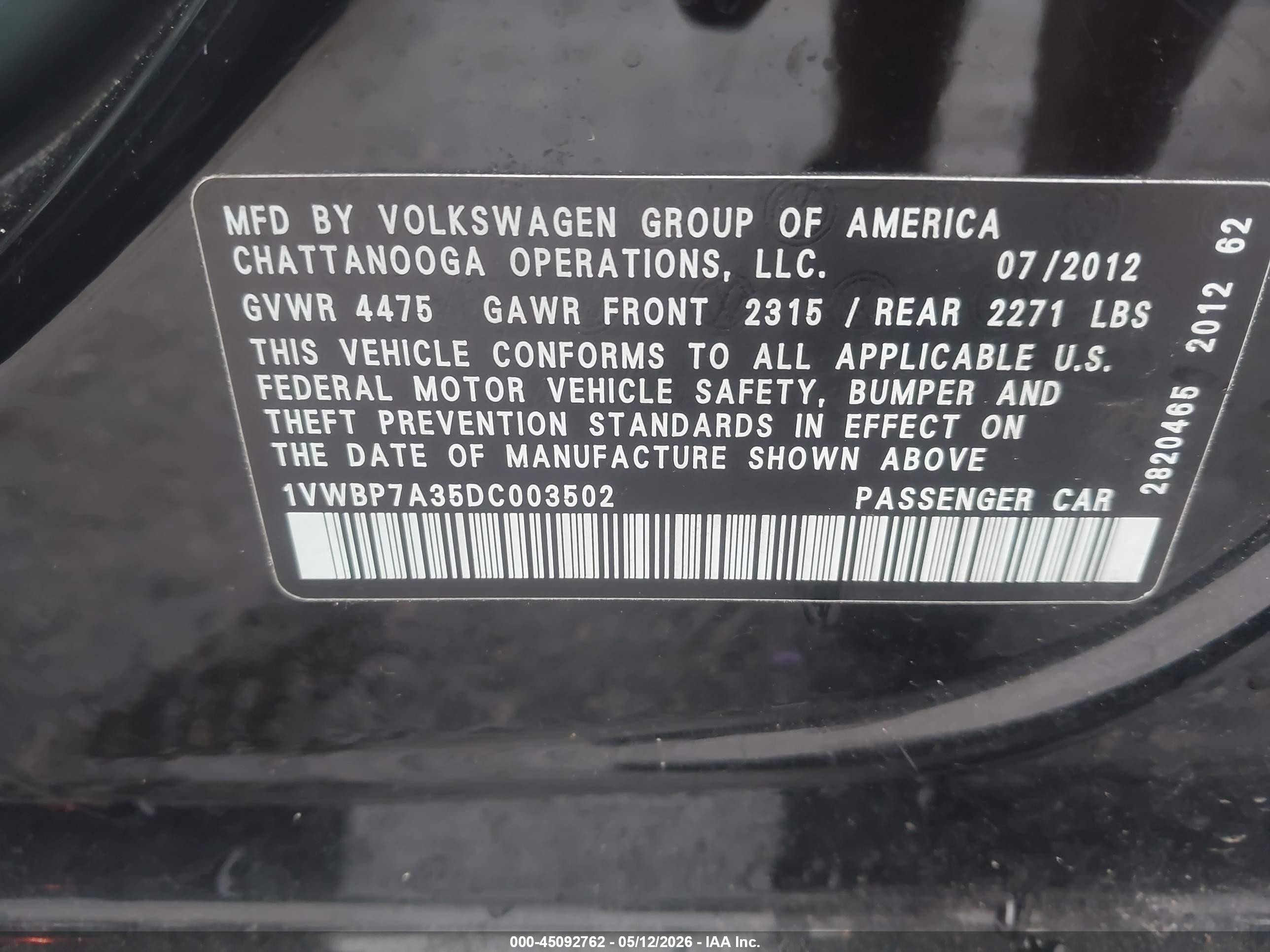 2013 Volkswagen Passat 2.5l Se Black vin: 1VWBP7A35DC003502