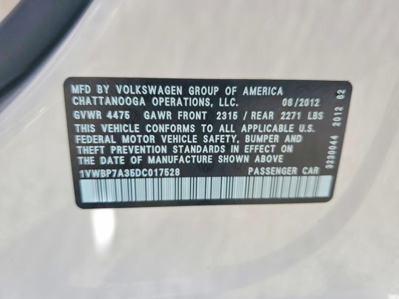 2013 Volkswagen Passat Se White vin: 1VWBP7A35DC017528