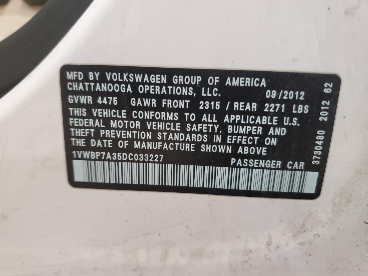 2013 Volkswagen Passat Se White vin: 1VWBP7A35DC033227