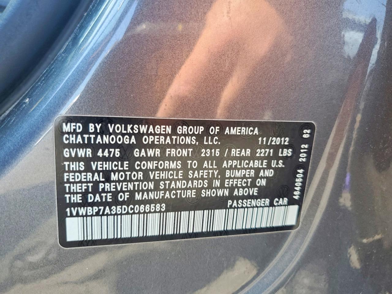 2013 Volkswagen Passat Se Charcoal vin: 1VWBP7A35DC066583