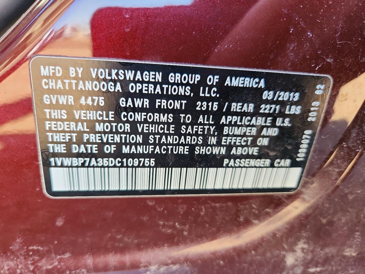 2013 Volkswagen Passat Se Maroon vin: 1VWBP7A35DC109755