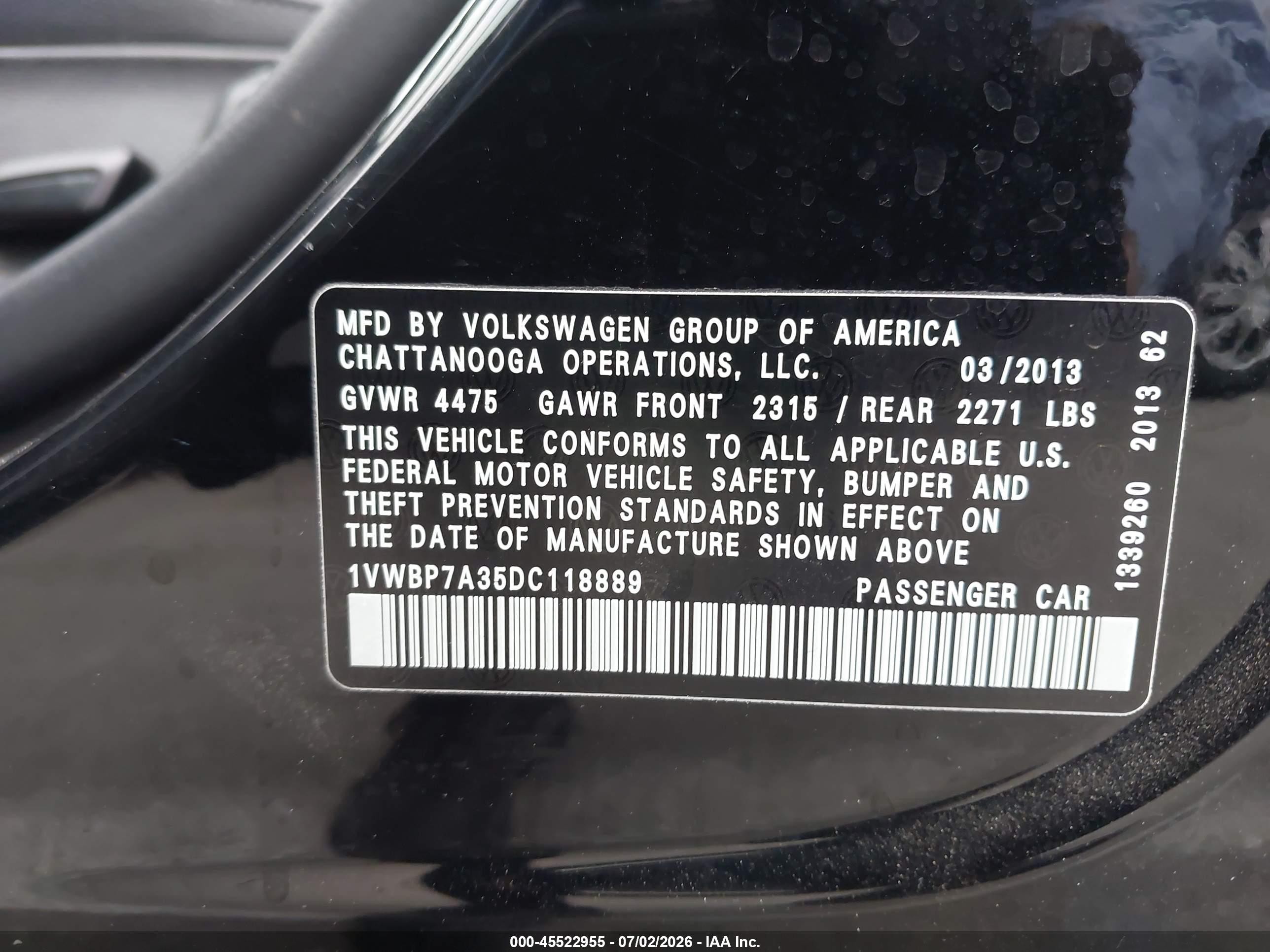 2013 Volkswagen Passat 2.5l Se Black vin: 1VWBP7A35DC118889