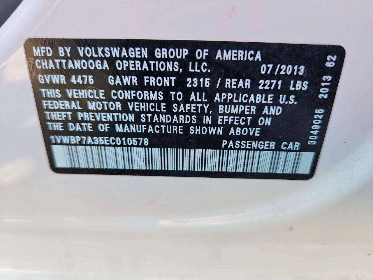 2014 Volkswagen Passat Se White vin: 1VWBP7A35EC010578