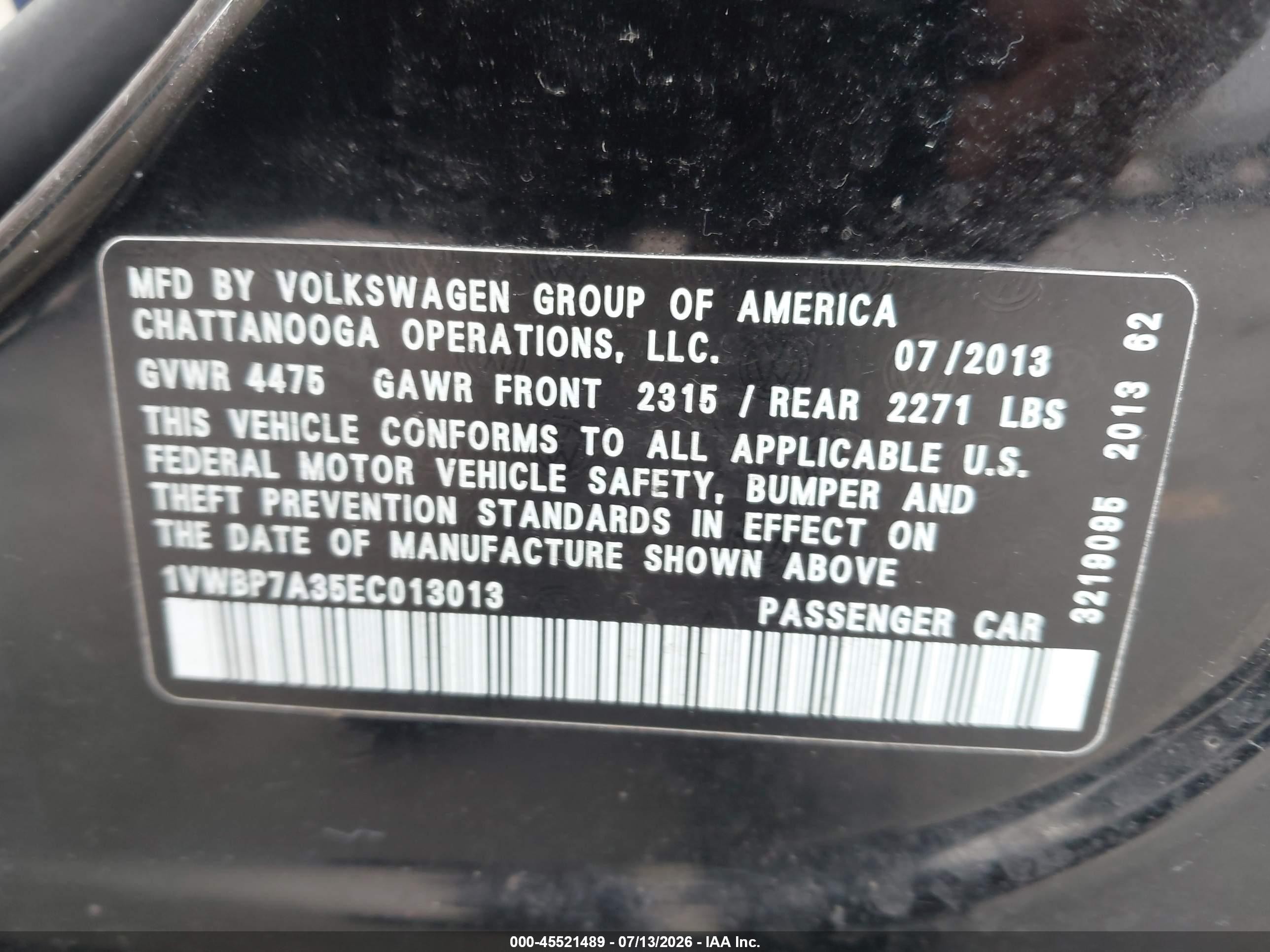 2014 Volkswagen Passat 2.5l Se Black vin: 1VWBP7A35EC013013