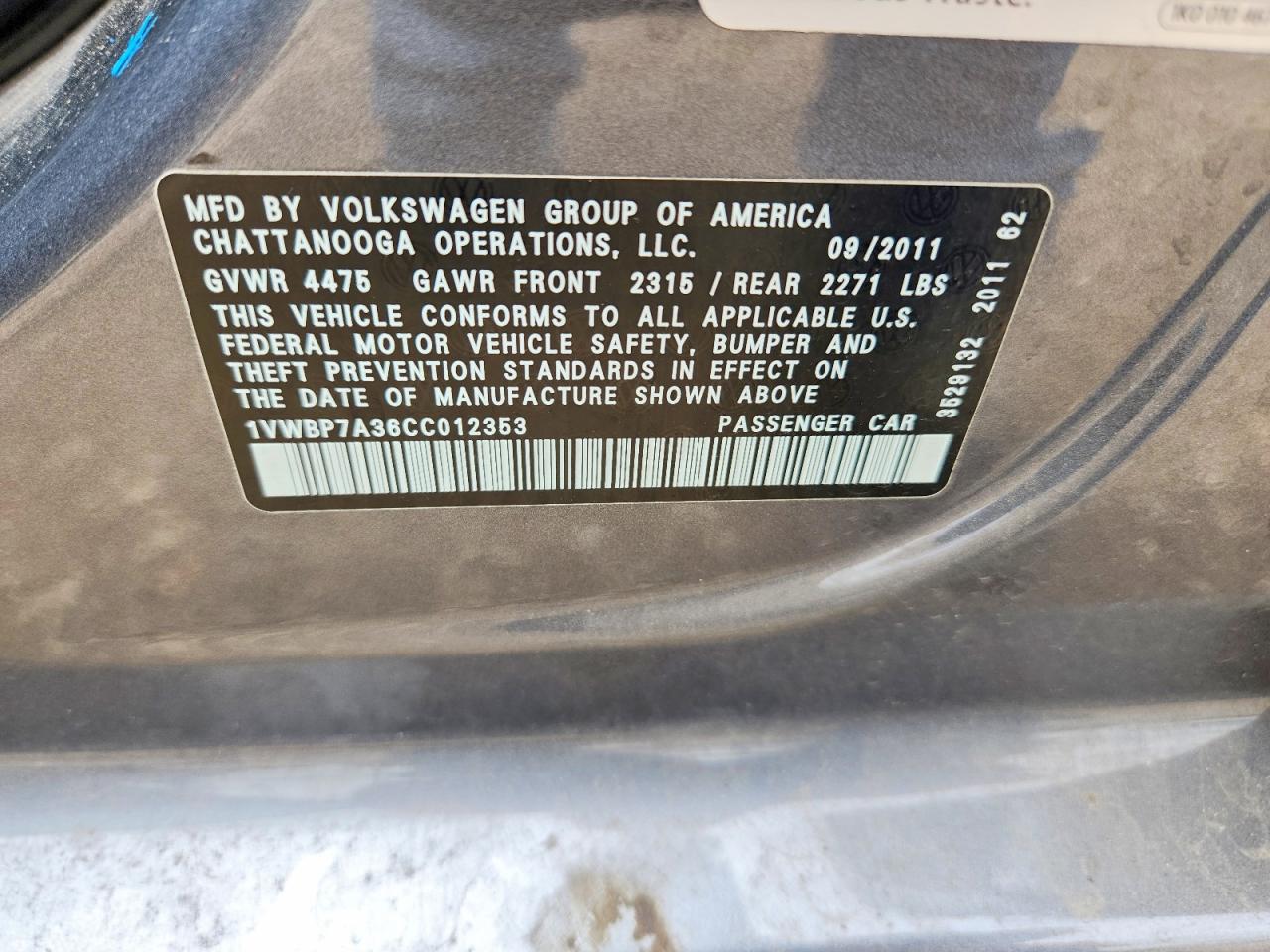 2012 Volkswagen Passat Se Gray vin: 1VWBP7A36CC012353