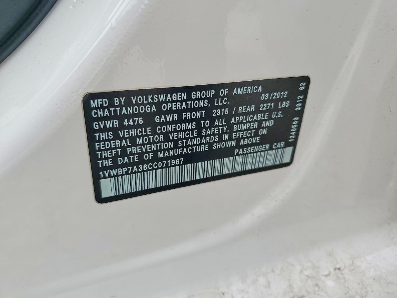 2012 Volkswagen Passat Se White vin: 1VWBP7A36CC071967