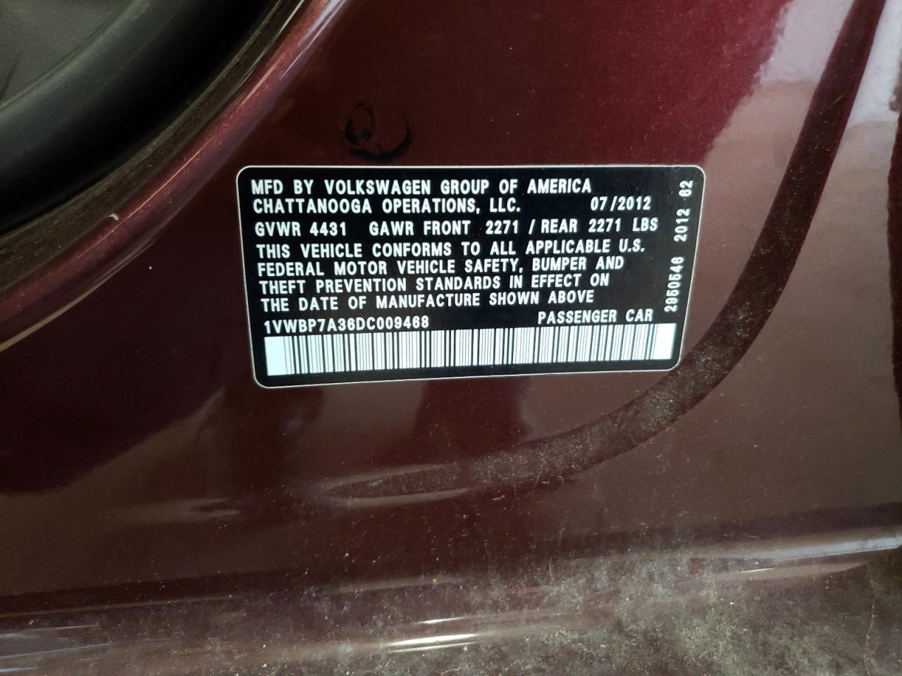 2013 Volkswagen Passat Se Burgundy vin: 1VWBP7A36DC009468