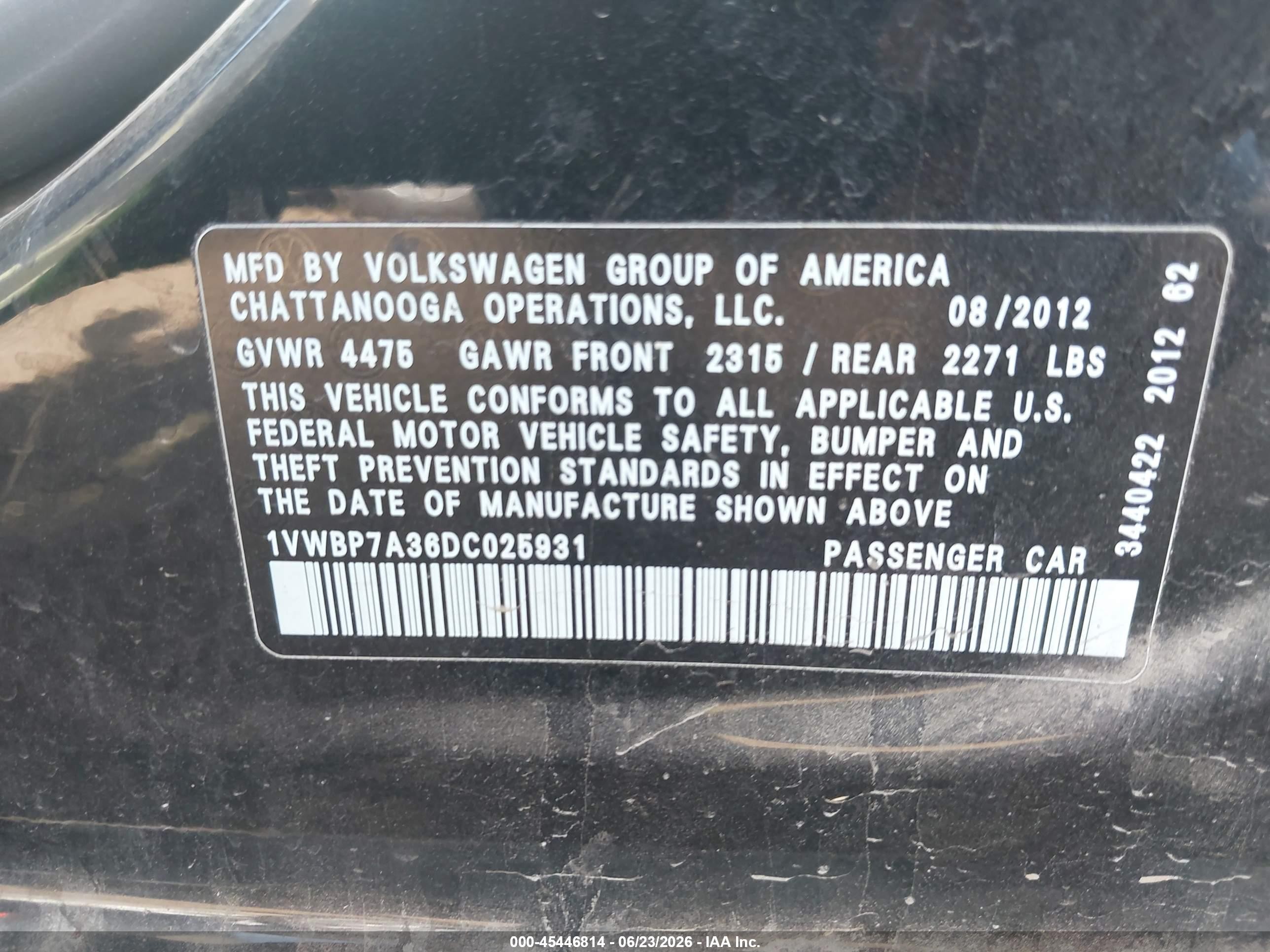 2013 Volkswagen Passat 2.5l Se Black vin: 1VWBP7A36DC025931