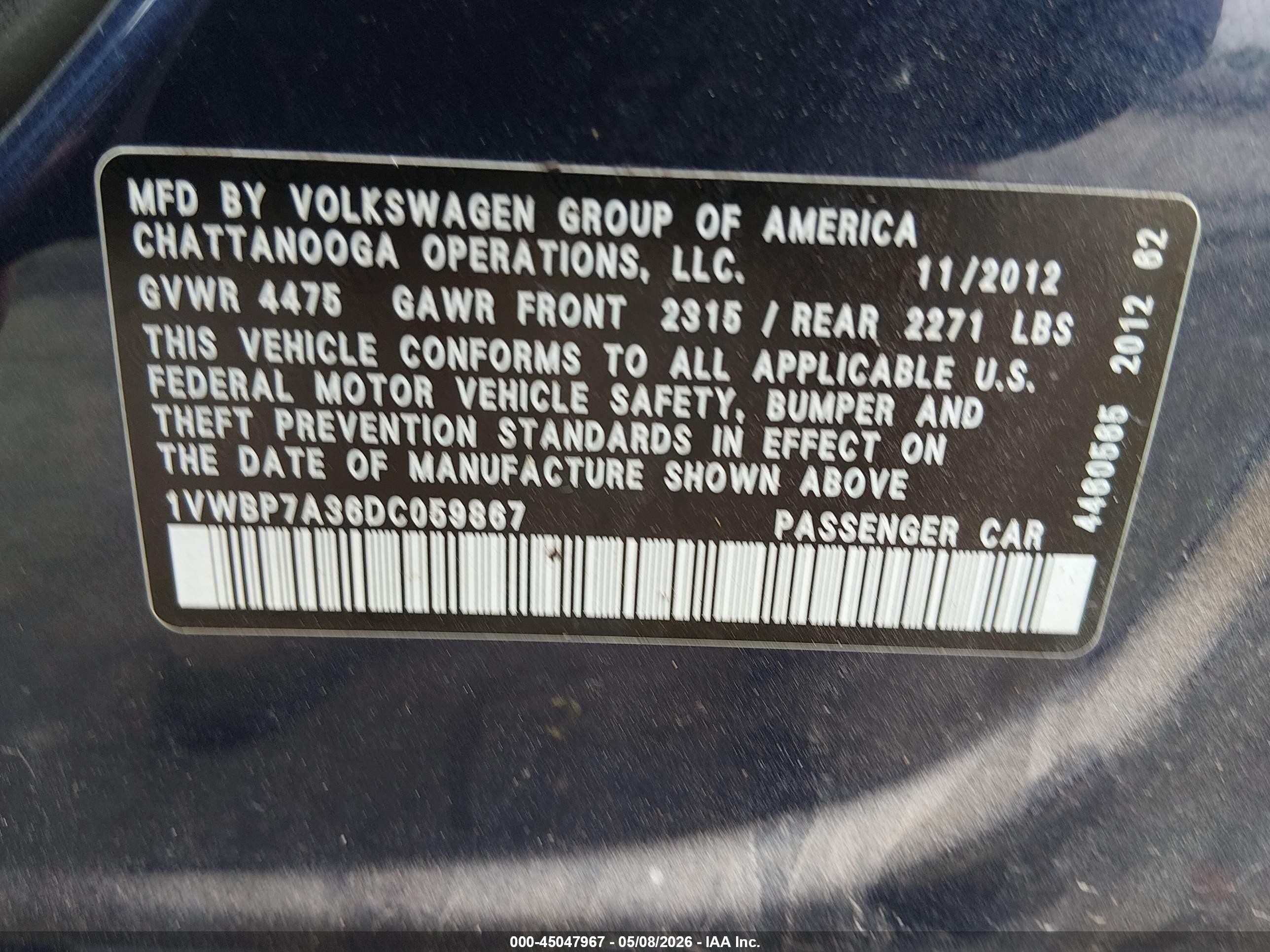 2013 Volkswagen Passat 2.5l Se Blue vin: 1VWBP7A36DC059867