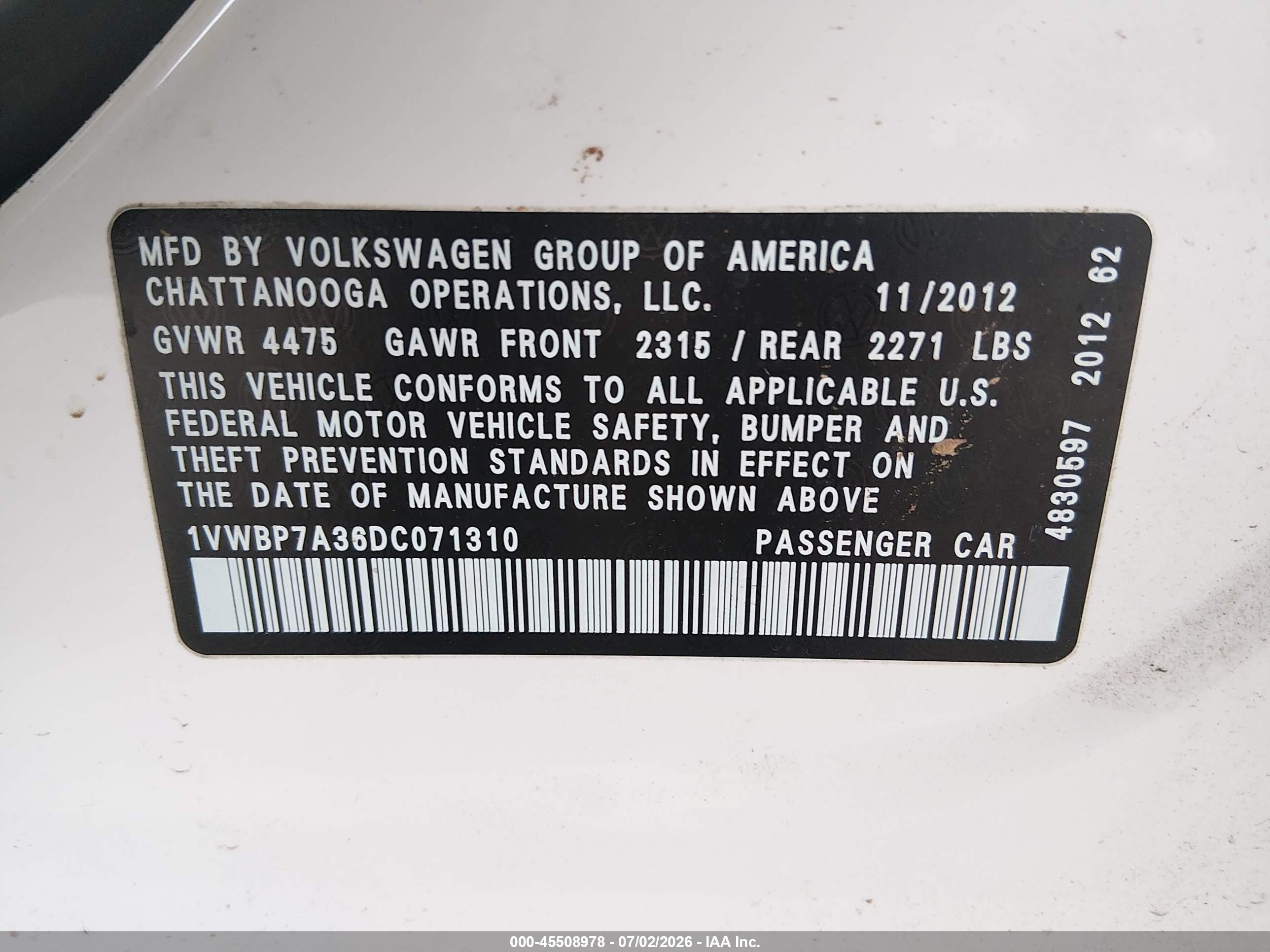 2013 Volkswagen Passat 2.5l Se White vin: 1VWBP7A36DC071310
