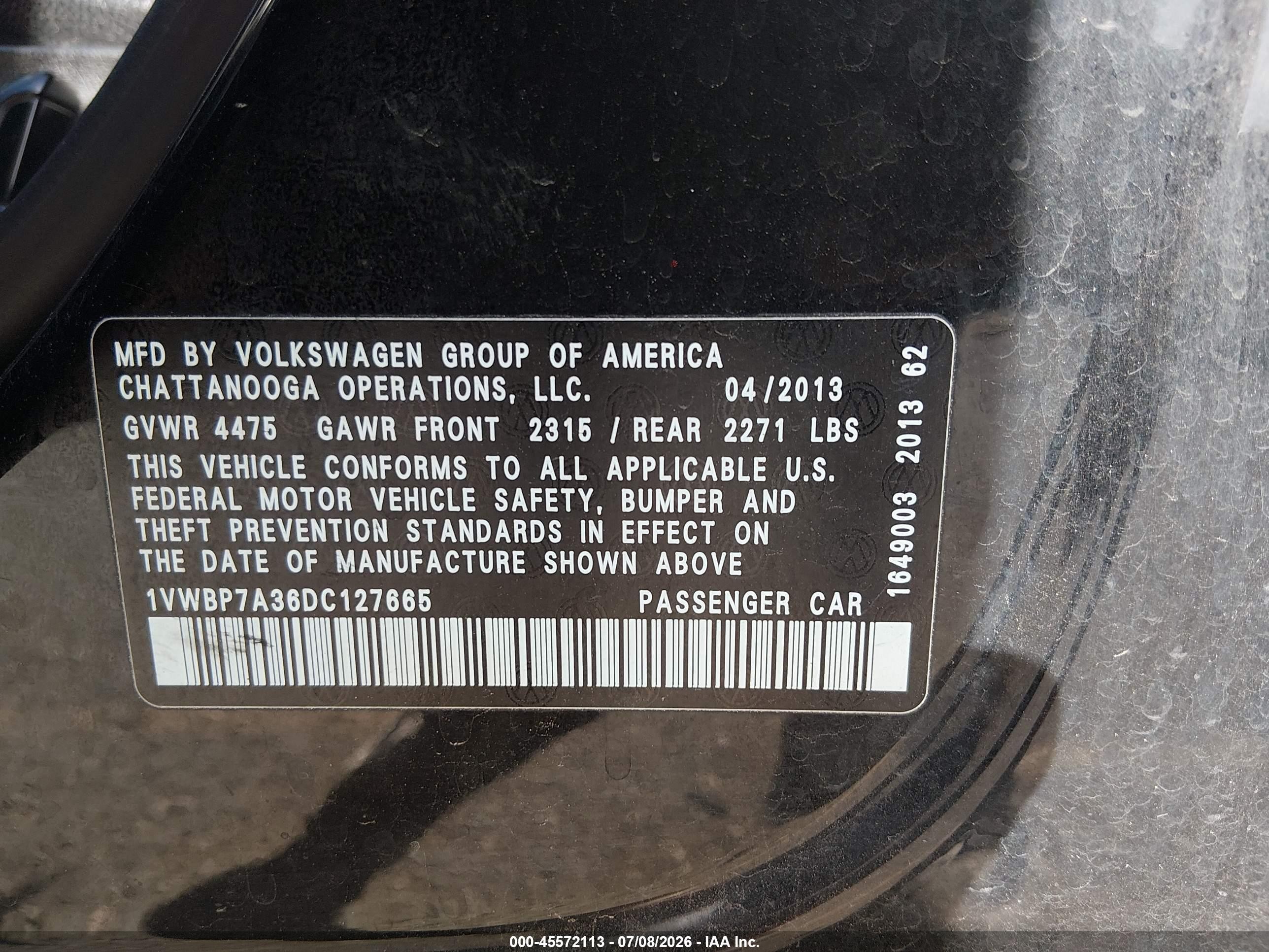 2013 Volkswagen Passat 2.5l Se Black vin: 1VWBP7A36DC127665