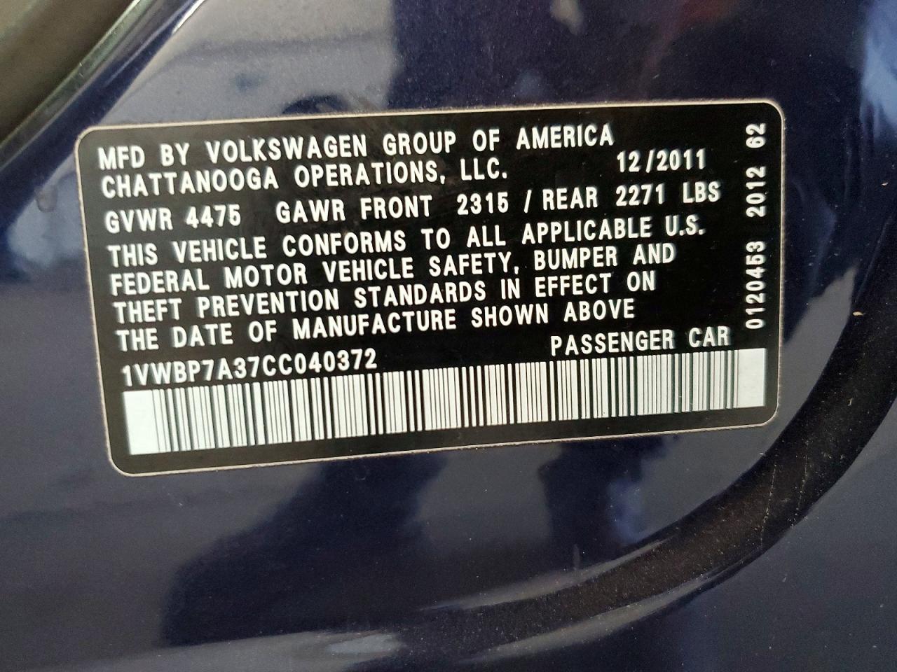 2012 Volkswagen Passat Se Blue vin: 1VWBP7A37CC040372