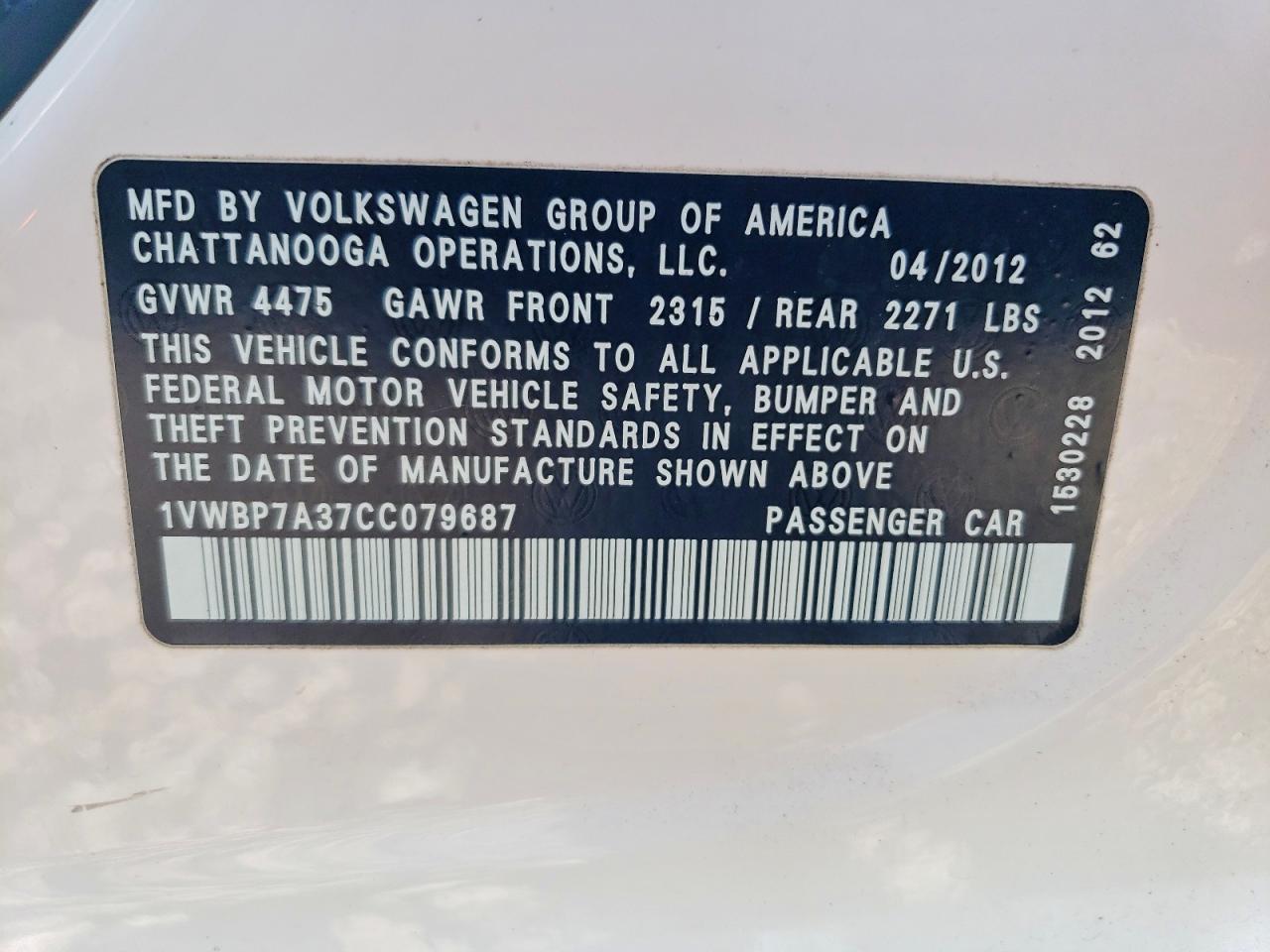 2012 Volkswagen Passat Se White vin: 1VWBP7A37CC079687