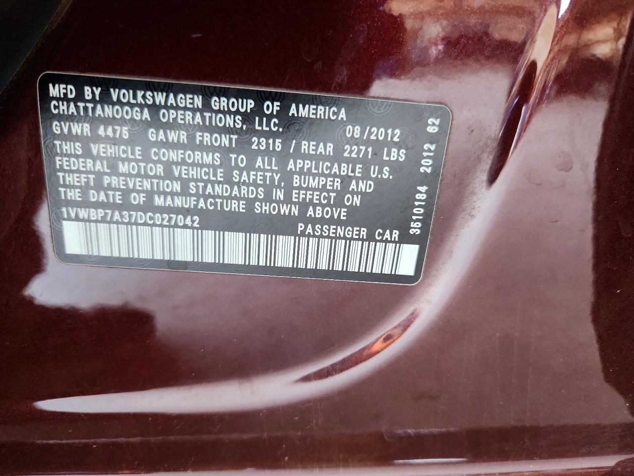 2013 Volkswagen Passat Se Maroon vin: 1VWBP7A37DC027042