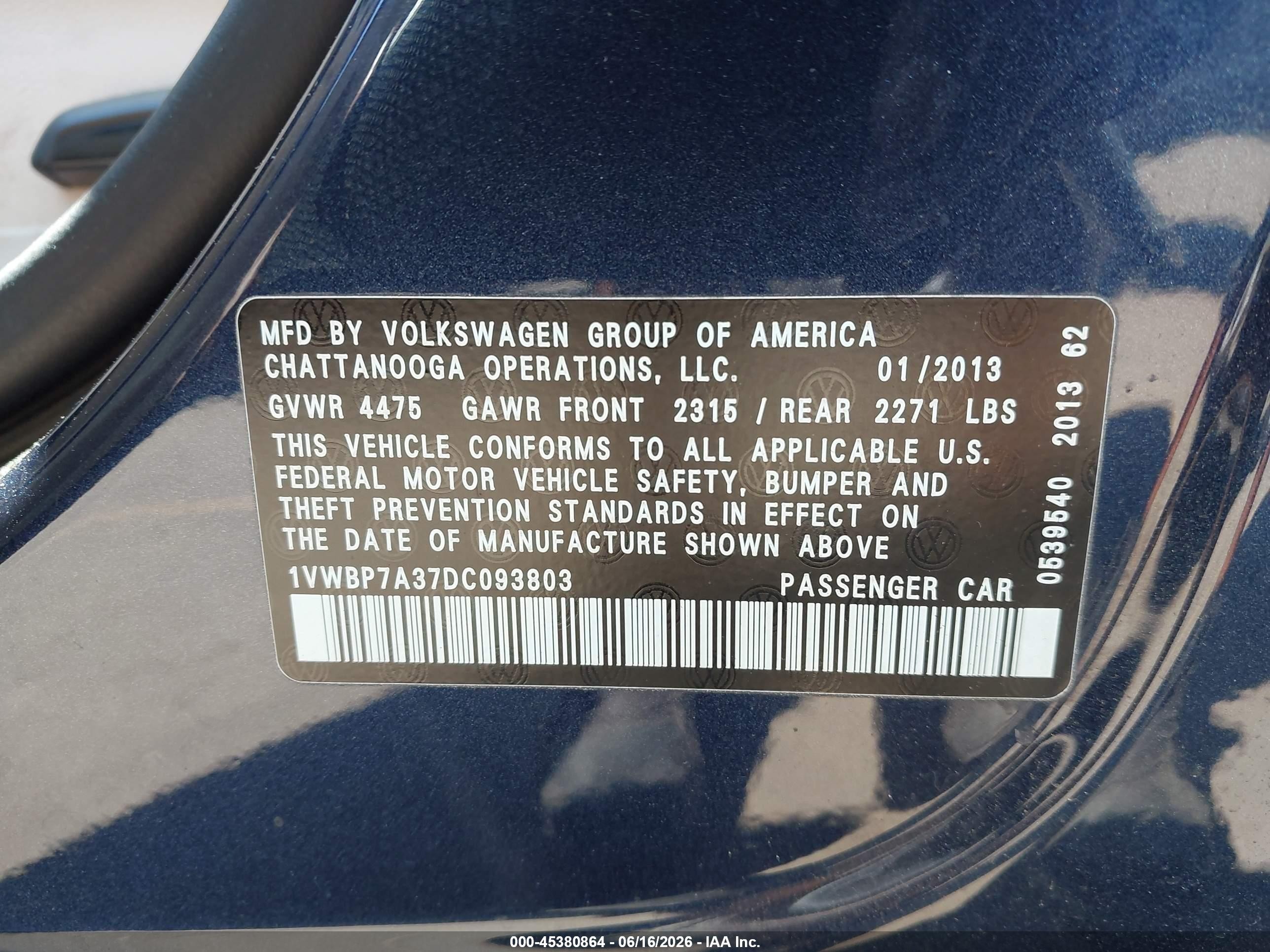 2013 Volkswagen Passat 2.5l Se Blue vin: 1VWBP7A37DC093803