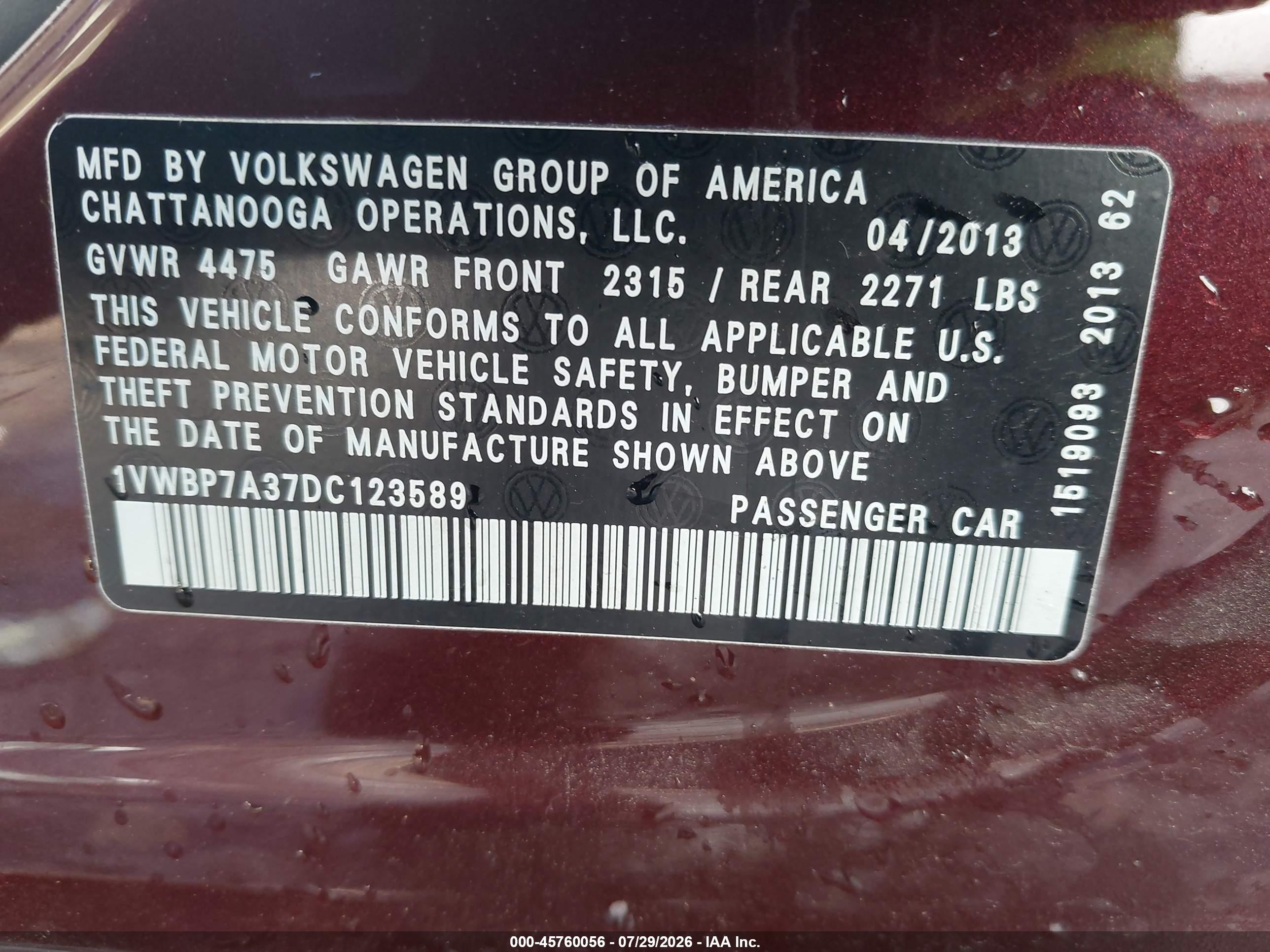 2013 Volkswagen Passat 2.5l Se Burgundy vin: 1VWBP7A37DC123589