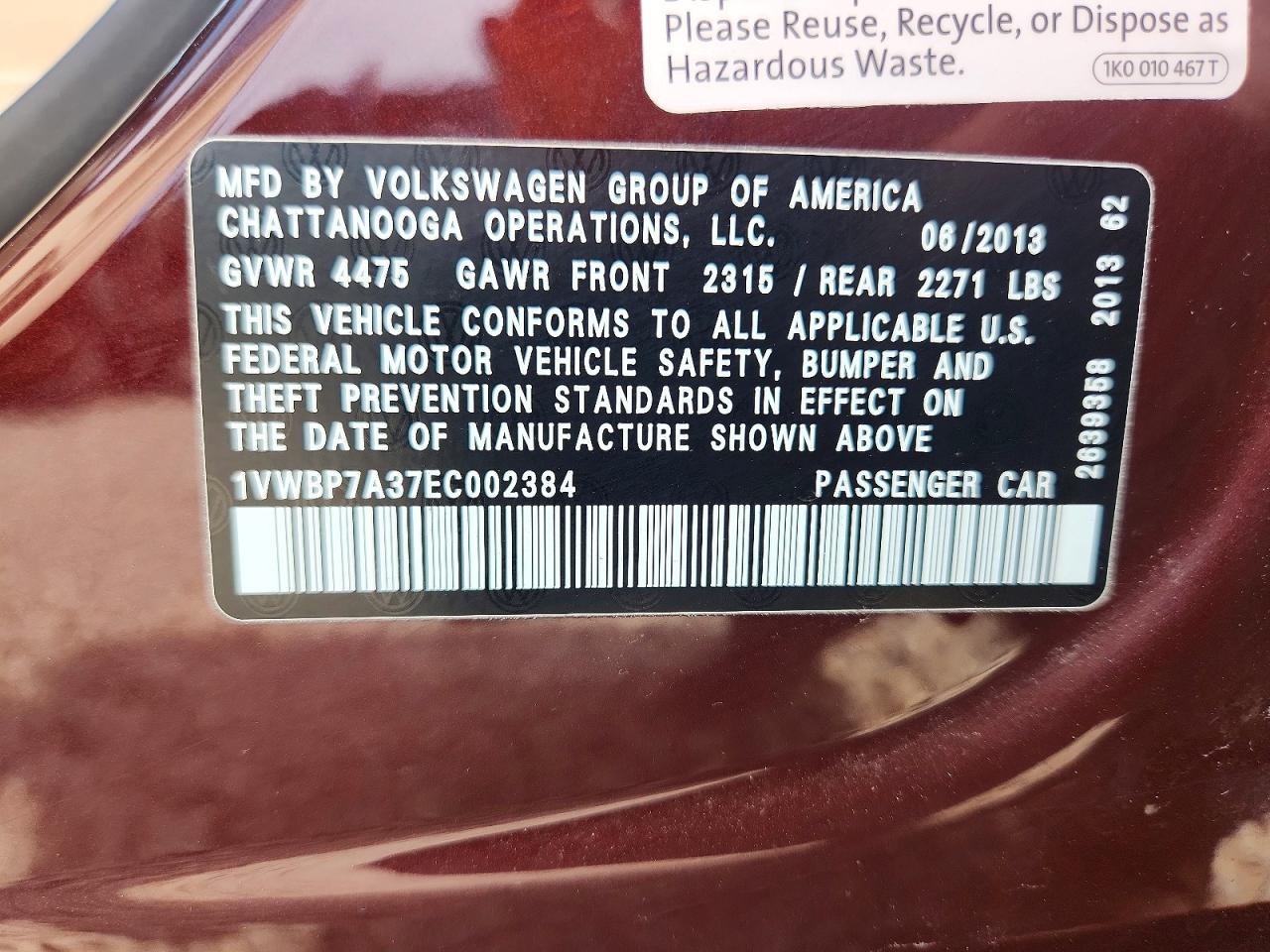 2014 Volkswagen Passat Se Burgundy vin: 1VWBP7A37EC002384