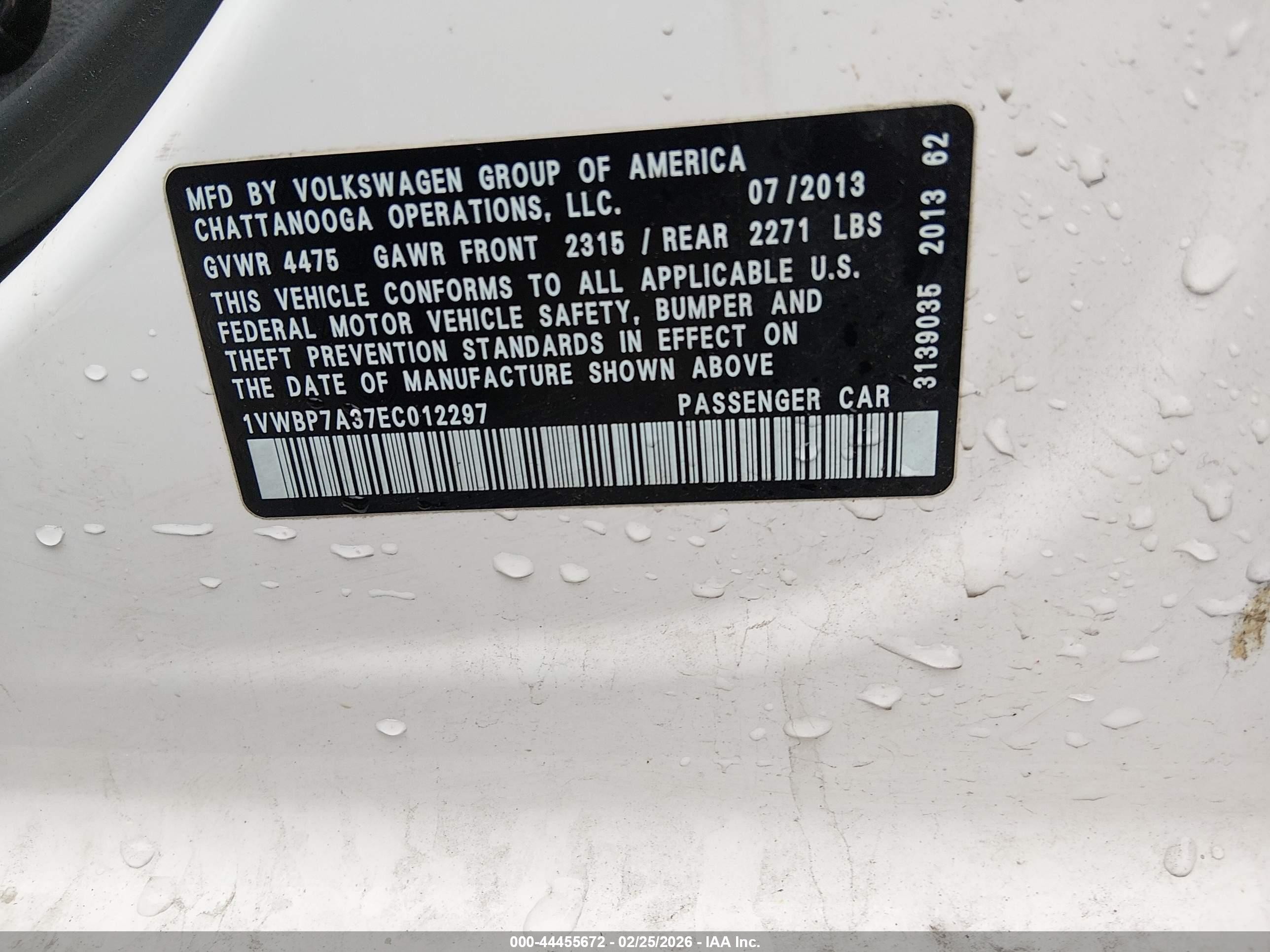 2014 Volkswagen Passat 2.5l Se White vin: 1VWBP7A37EC012297