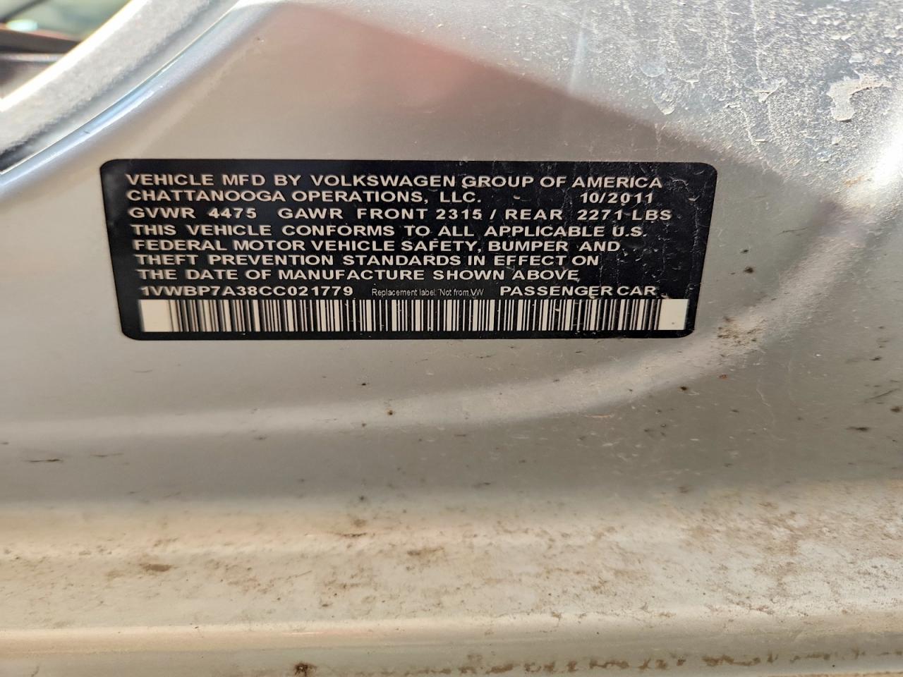 2012 Volkswagen Passat Se Silver vin: 1VWBP7A38CC021779