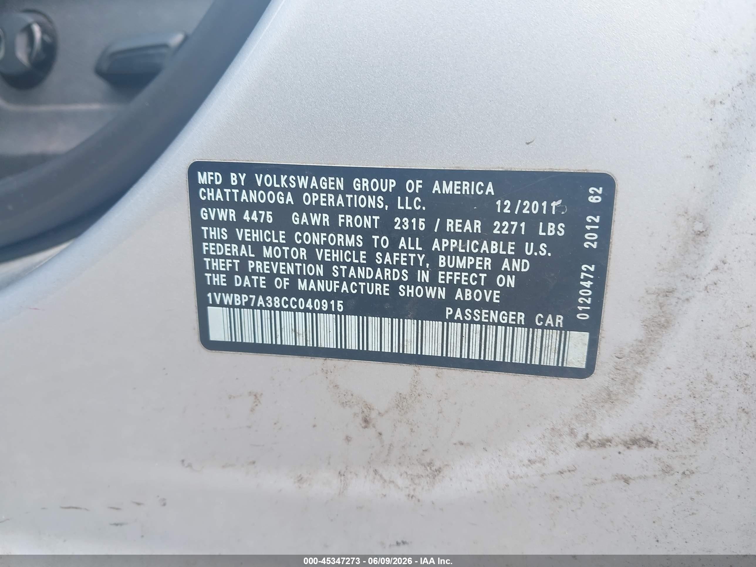 2012 Volkswagen Passat 2.5l Se Черный vin: 1VWBP7A38CC040915