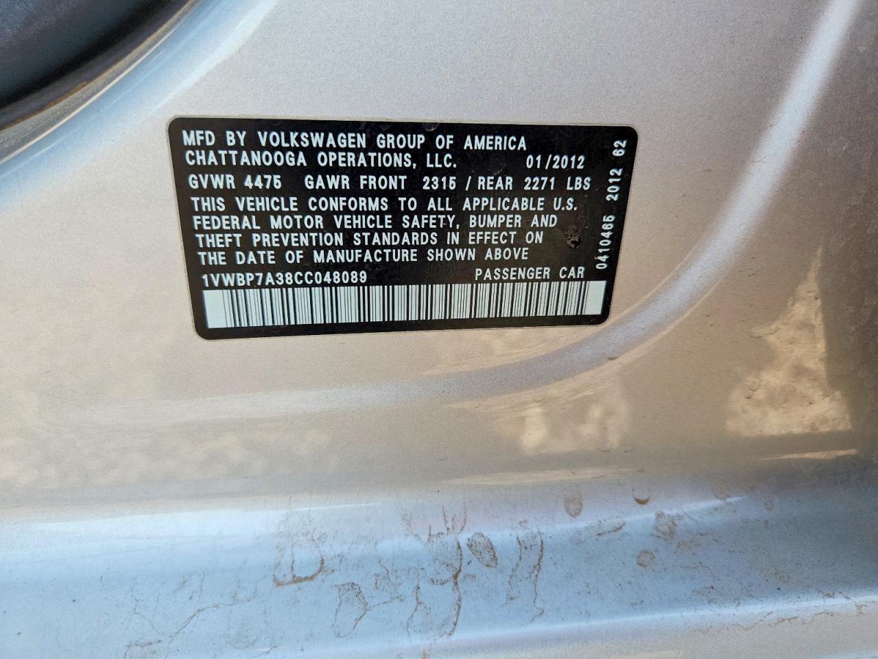 2012 Volkswagen Passat Se Gray vin: 1VWBP7A38CC048089