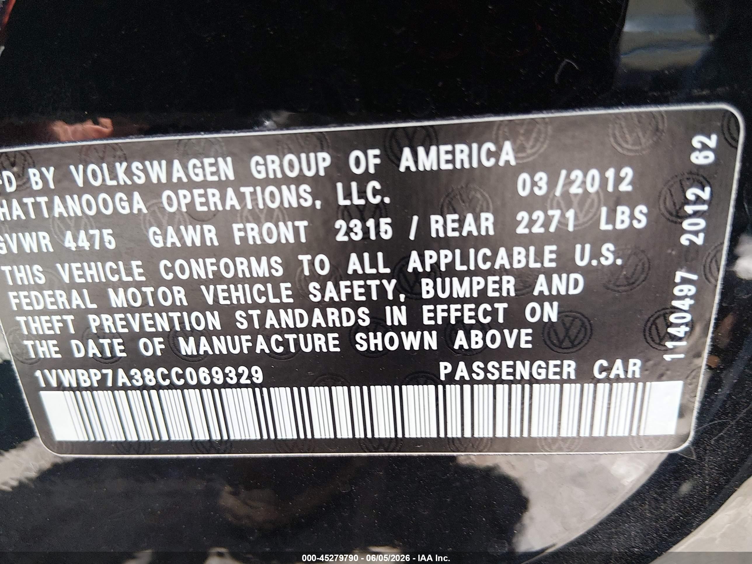 2012 Volkswagen Passat 2.5l Se Черный vin: 1VWBP7A38CC069329