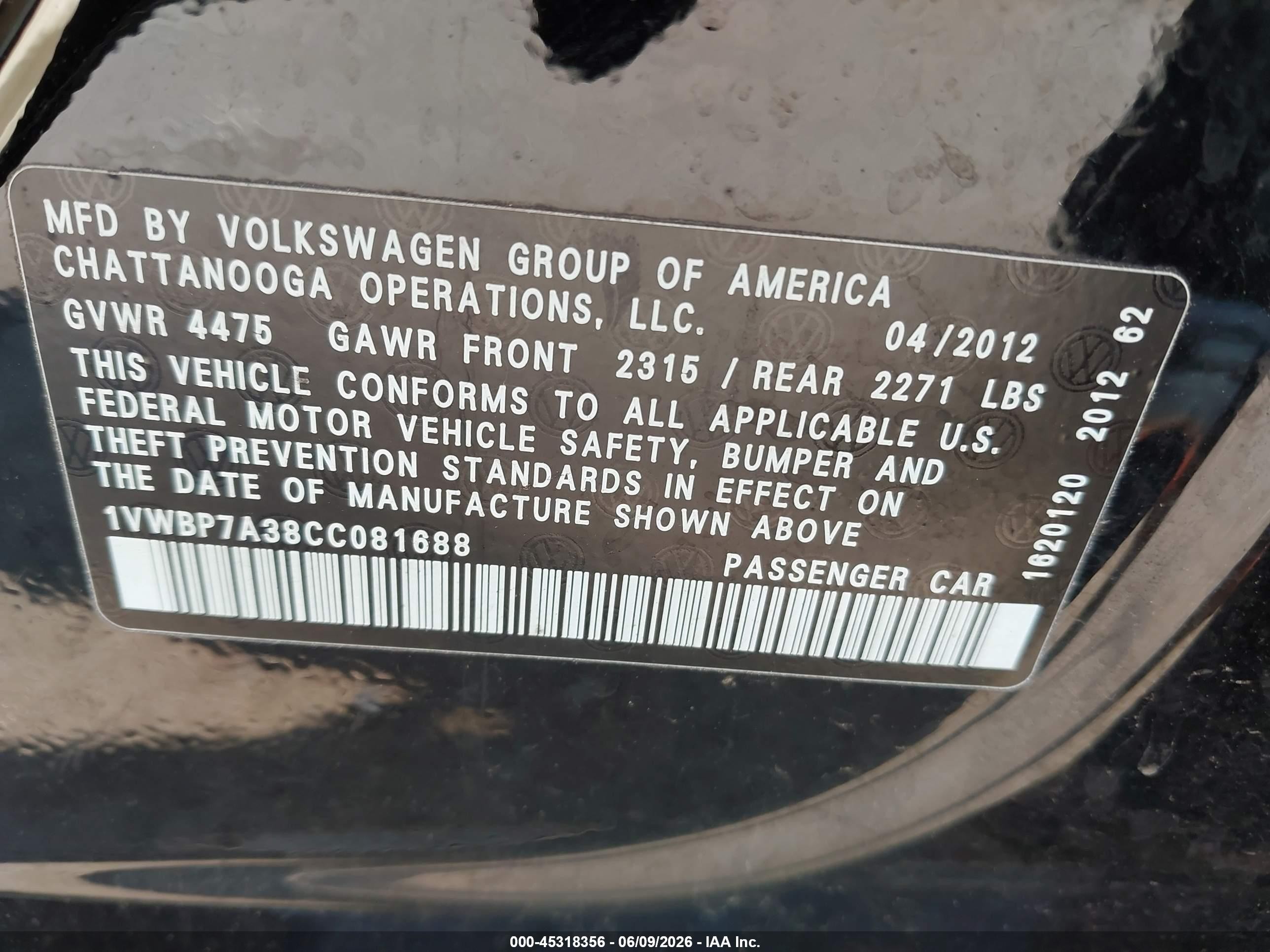 2012 Volkswagen Passat 2.5l Se Black vin: 1VWBP7A38CC081688