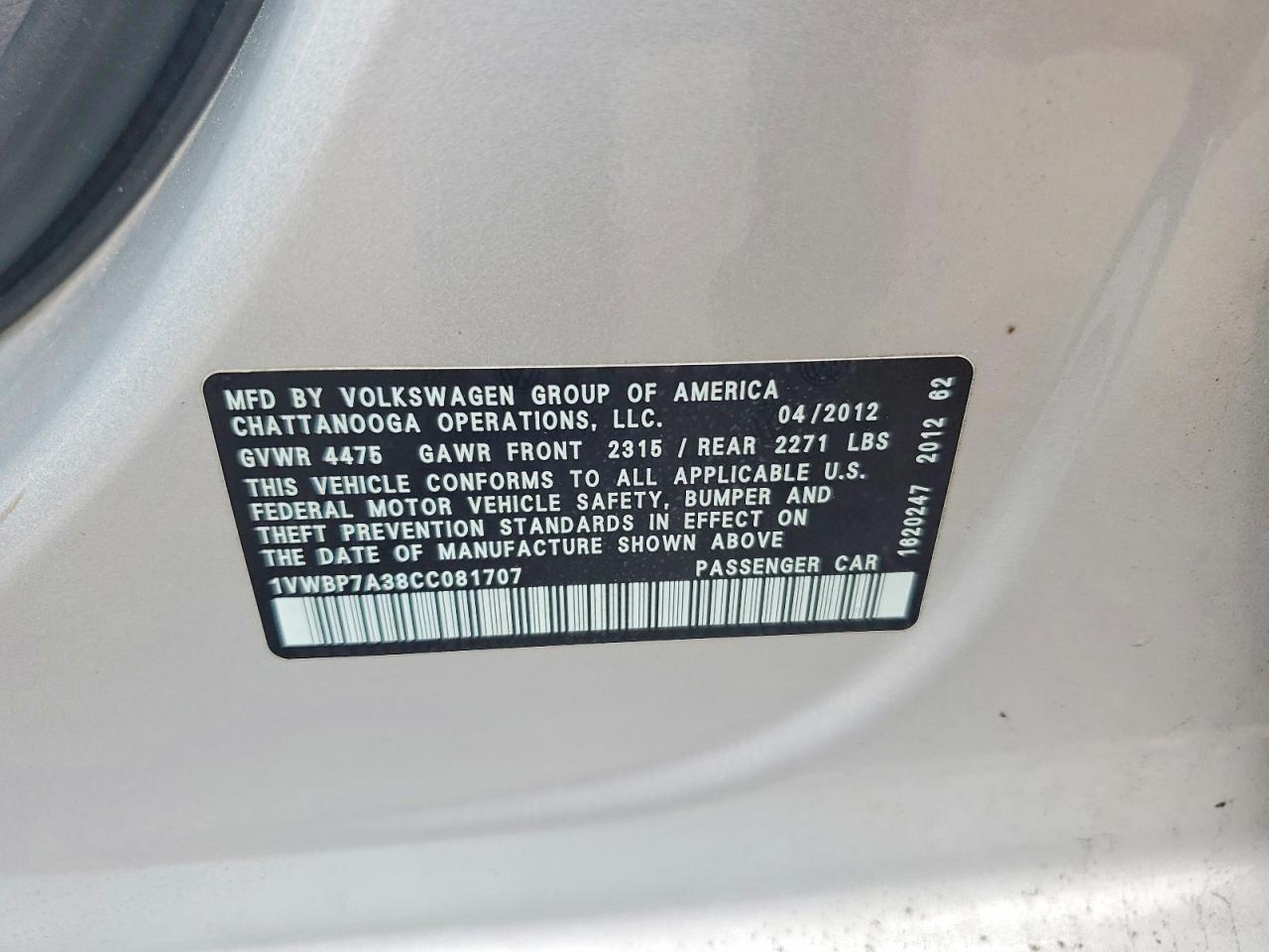 2012 Volkswagen Passat Se Silver vin: 1VWBP7A38CC081707