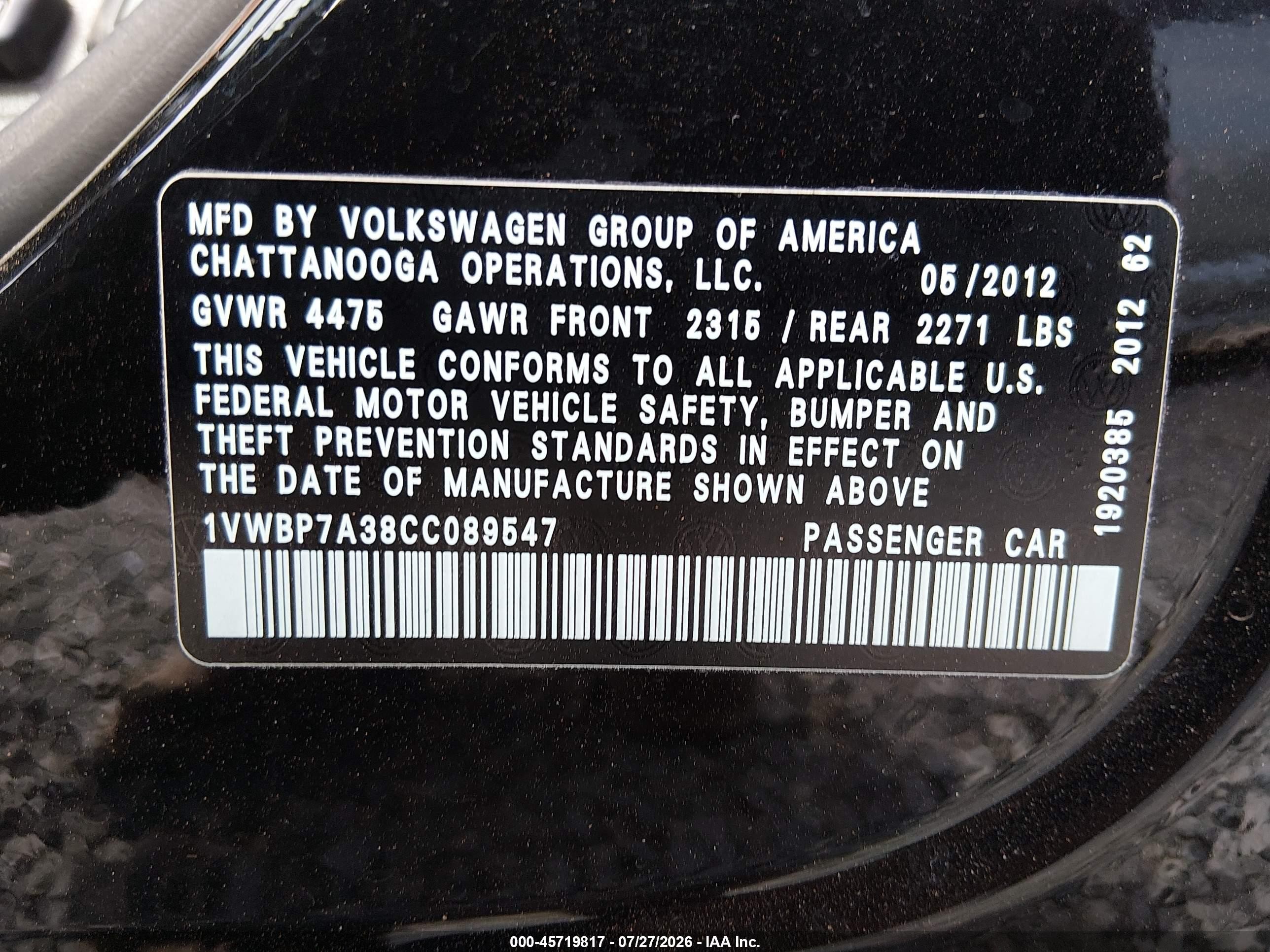 2012 Volkswagen Passat 2.5l Se Black vin: 1VWBP7A38CC089547