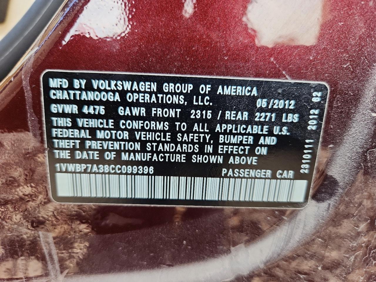 2012 Volkswagen Passat Se Burgundy vin: 1VWBP7A38CC099396