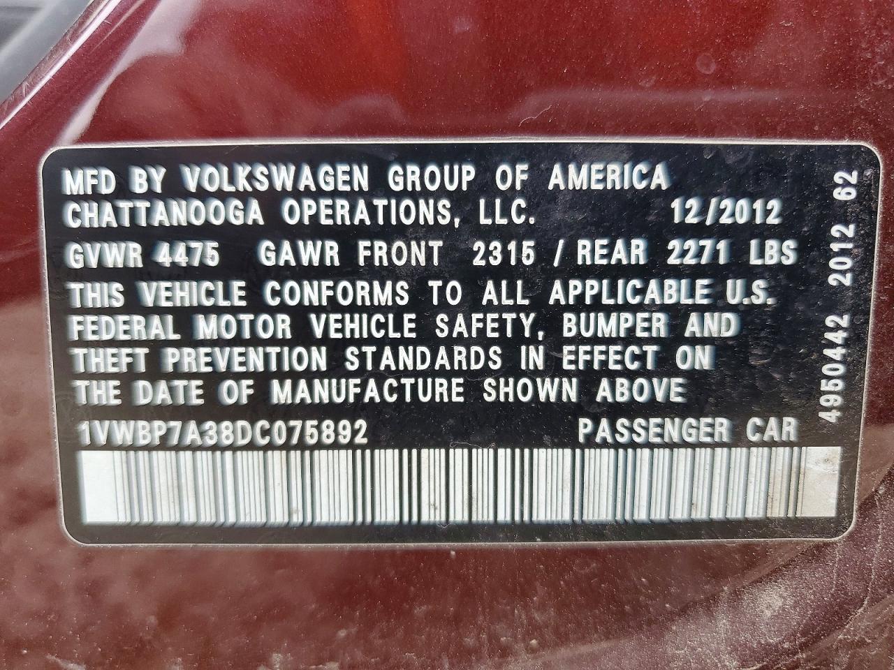 2013 Volkswagen Passat Se Maroon vin: 1VWBP7A38DC075892