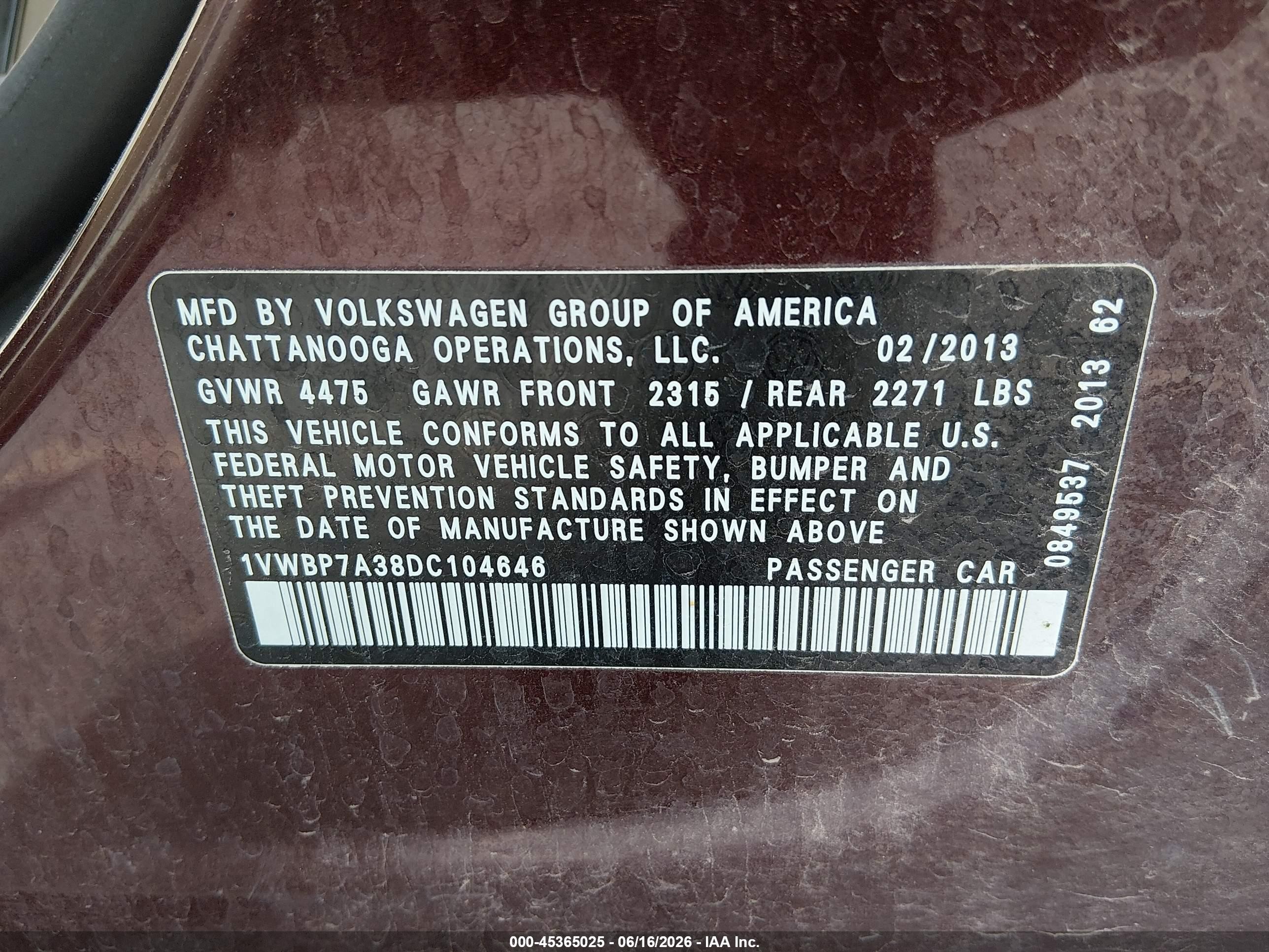 2013 Volkswagen Passat 2.5l Se Maroon vin: 1VWBP7A38DC104646