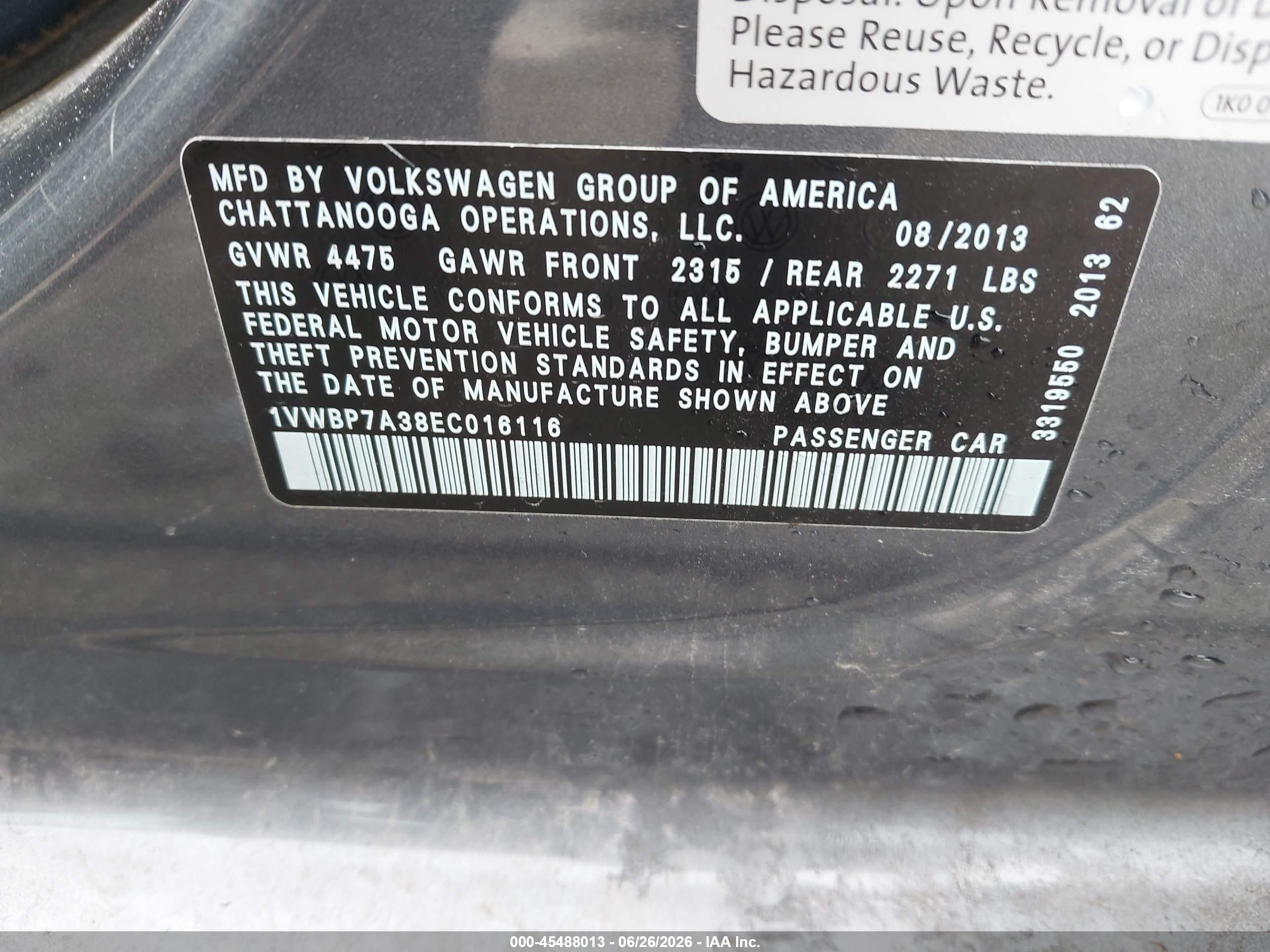 2014 Volkswagen Passat 2.5l Se Gray vin: 1VWBP7A38EC016116