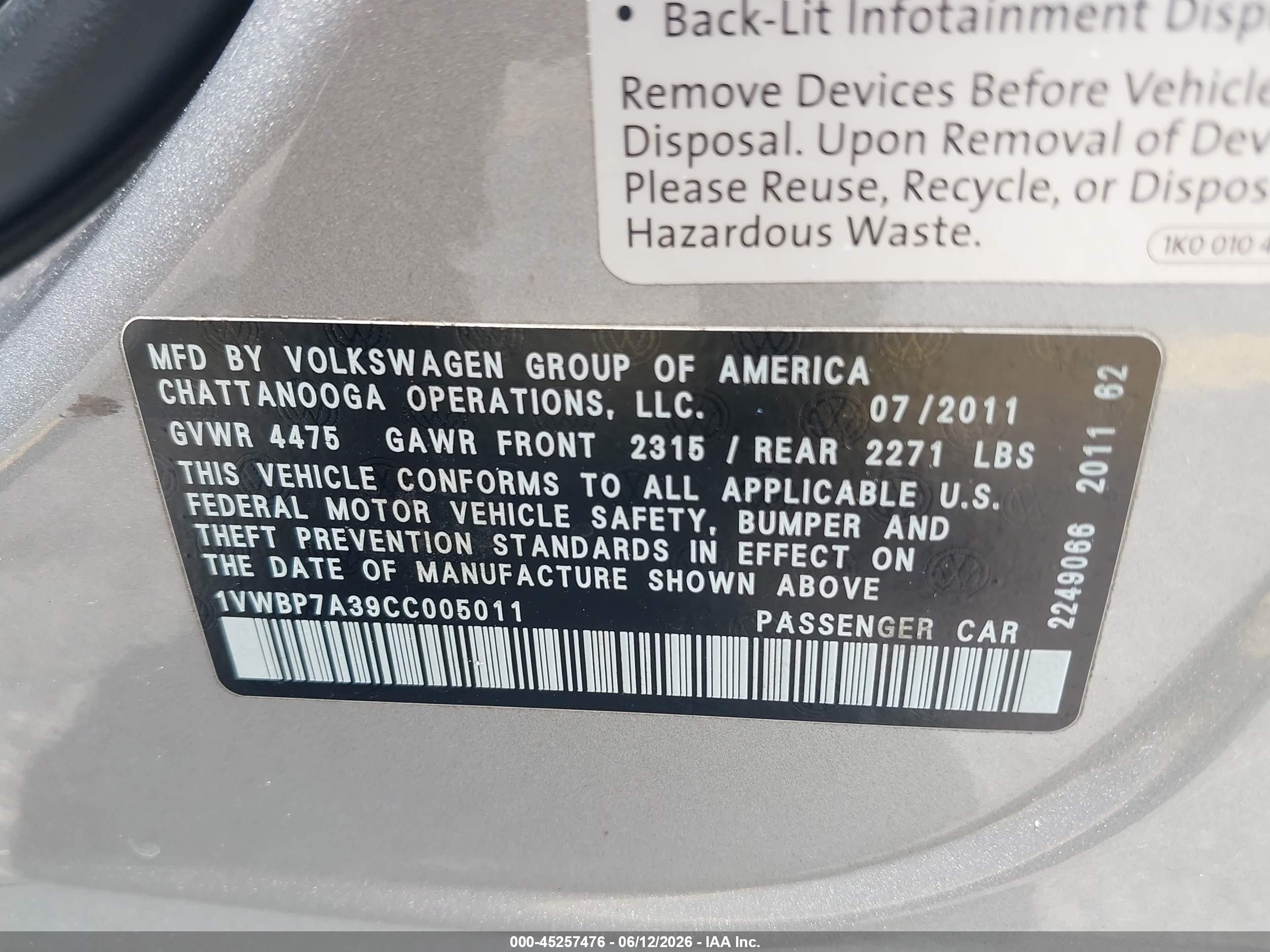 2012 Volkswagen Passat 2.5l Se Silver vin: 1VWBP7A39CC005011