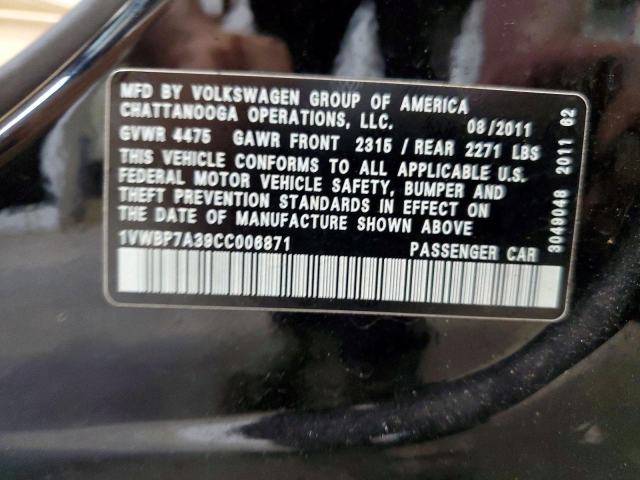 2012 Volkswagen Passat Se Black vin: 1VWBP7A39CC006871