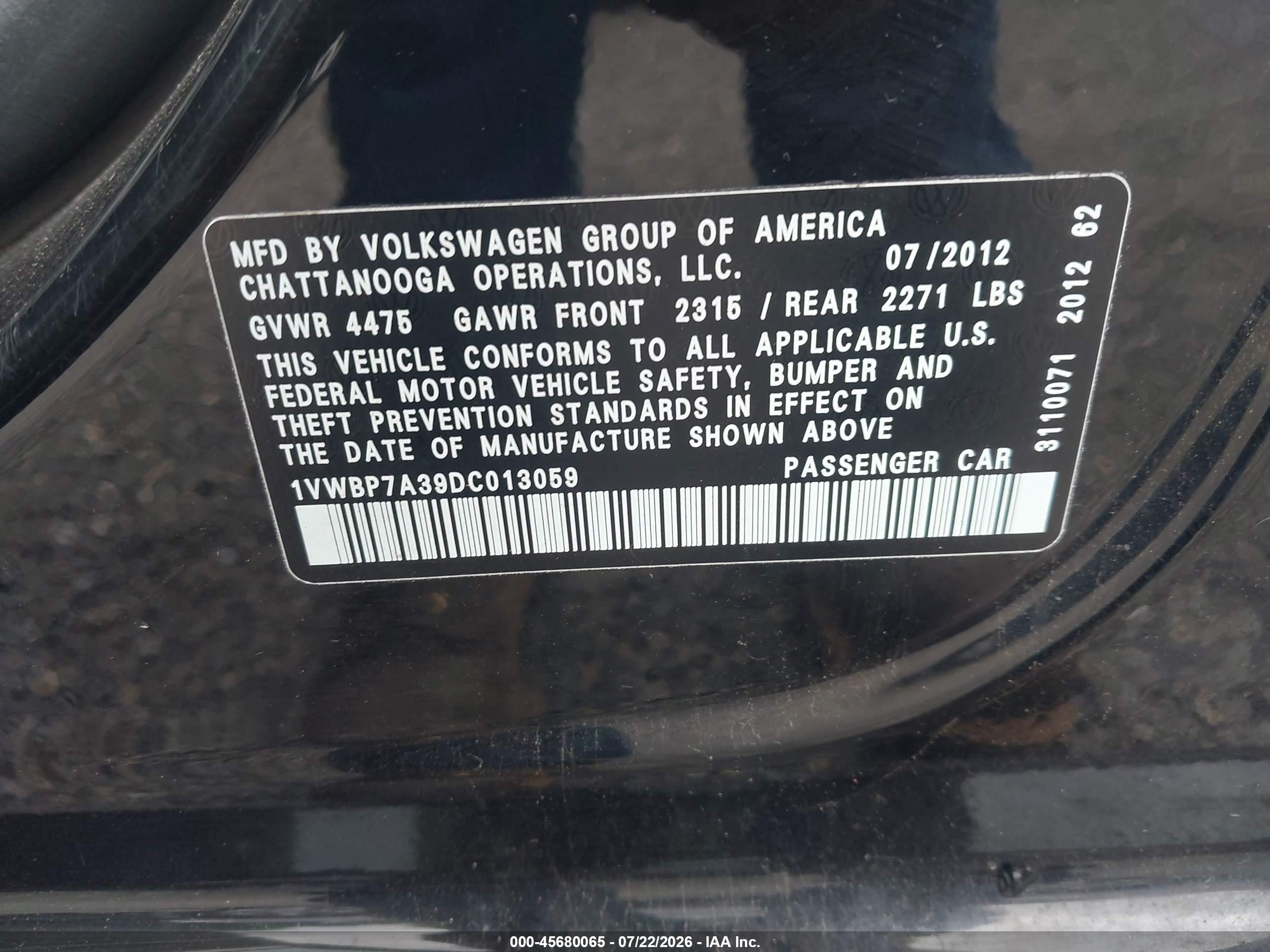 2013 Volkswagen Passat 2.5l Se Black vin: 1VWBP7A39DC013059