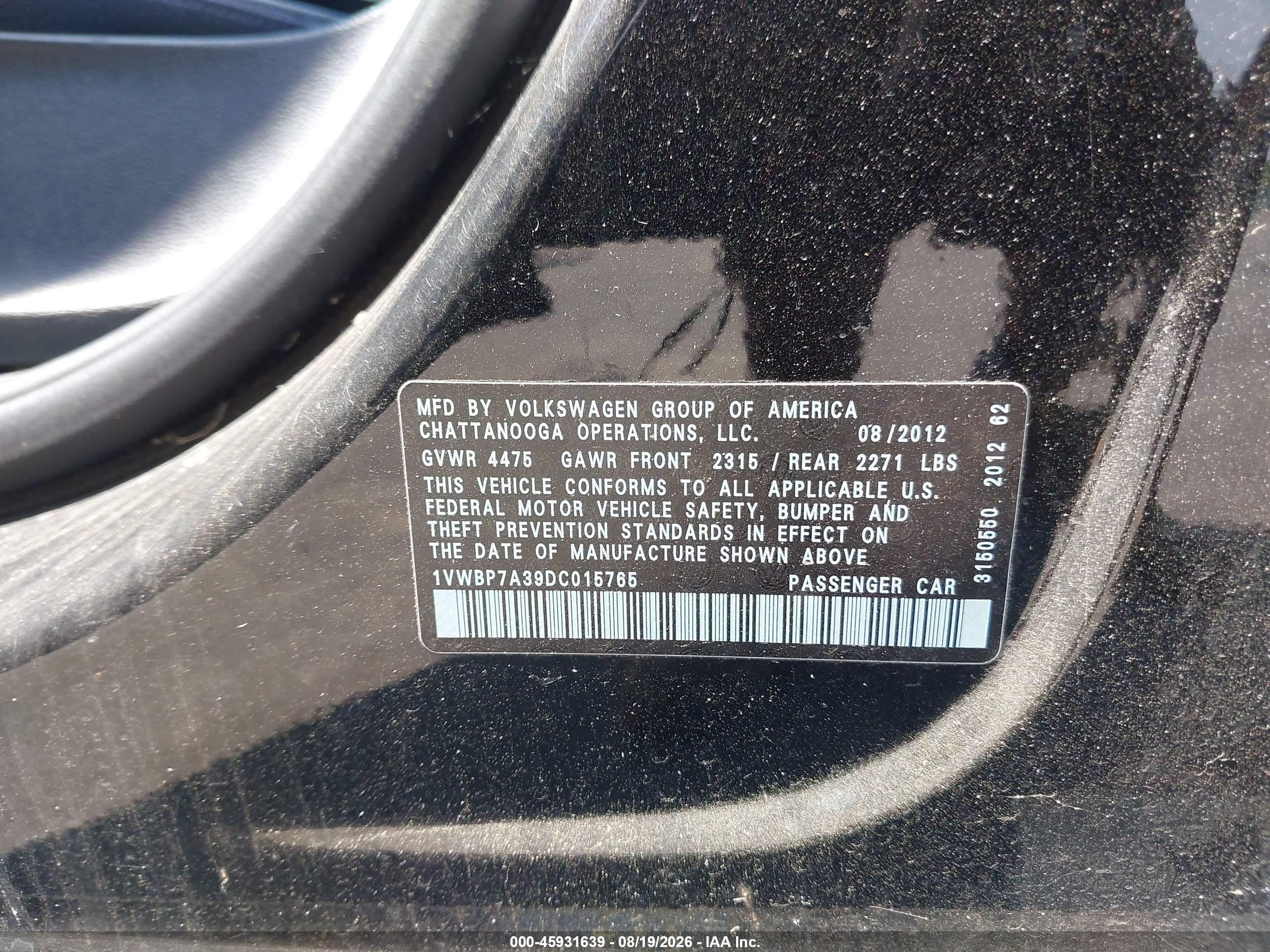 2013 Volkswagen Passat 2.5l Se Black vin: 1VWBP7A39DC015765